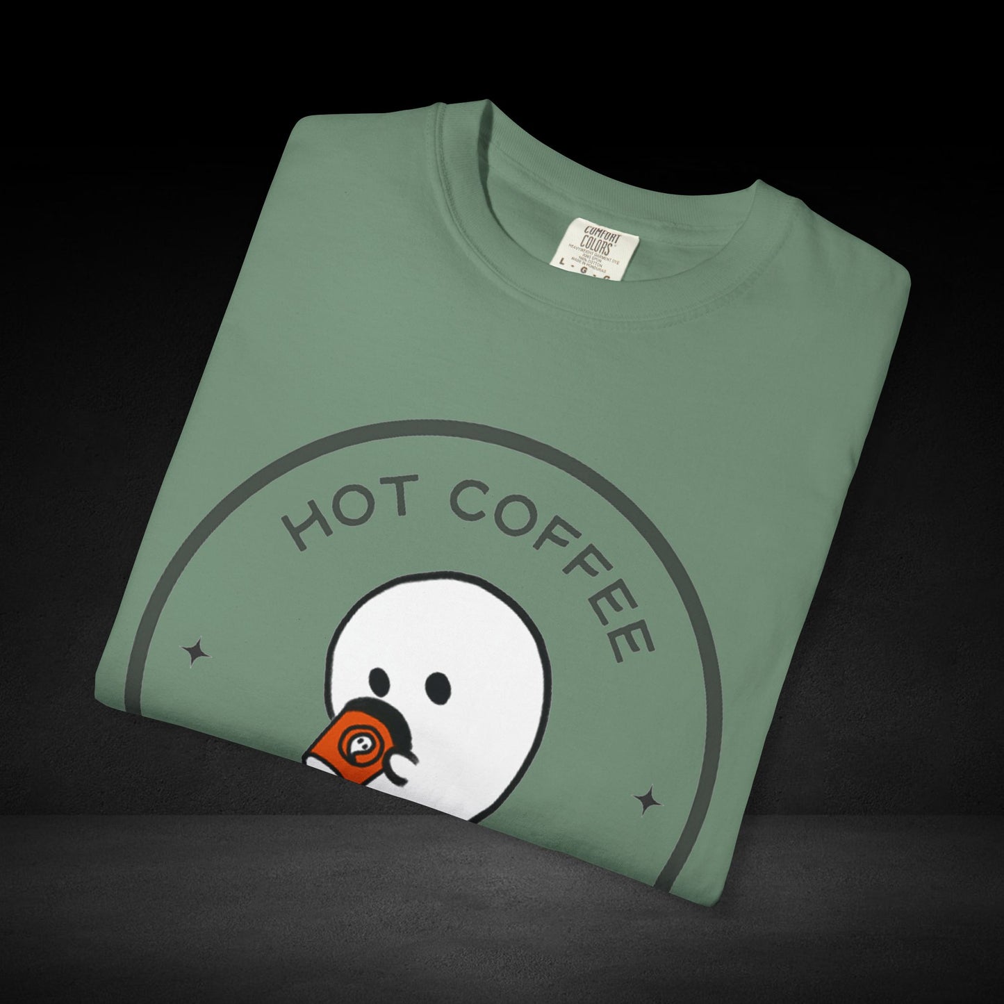 Hot Coffee Ghost Tee – “The Spirit Knows Best” Coffee Lover Graphic Shirt