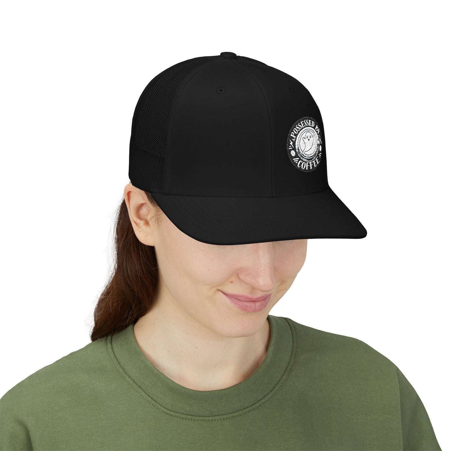 Possessed by Coffee Trucker Hat — White on Black