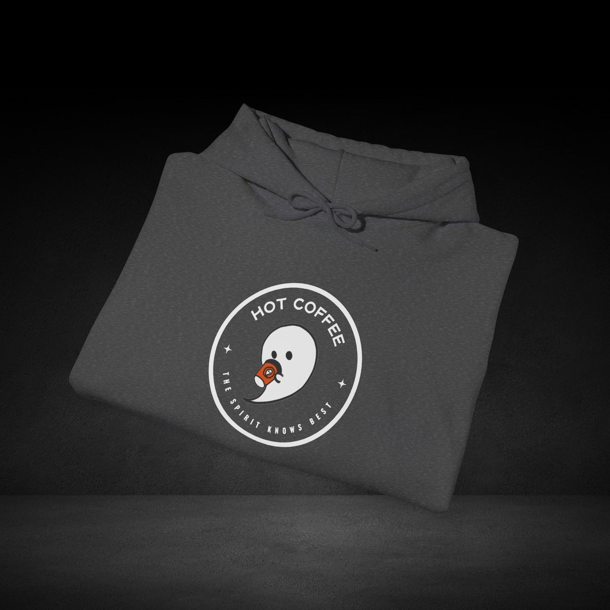 A gray hoodie with a circular logo that says "HOT COFFEE" and "THE SPIRIT KNOWS BEST" printed on it.