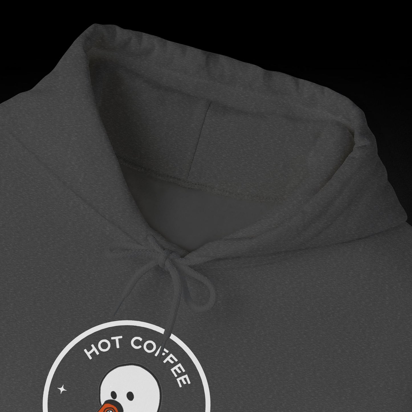 A gray hoodie with a circular logo that says "HOT COFFEE".