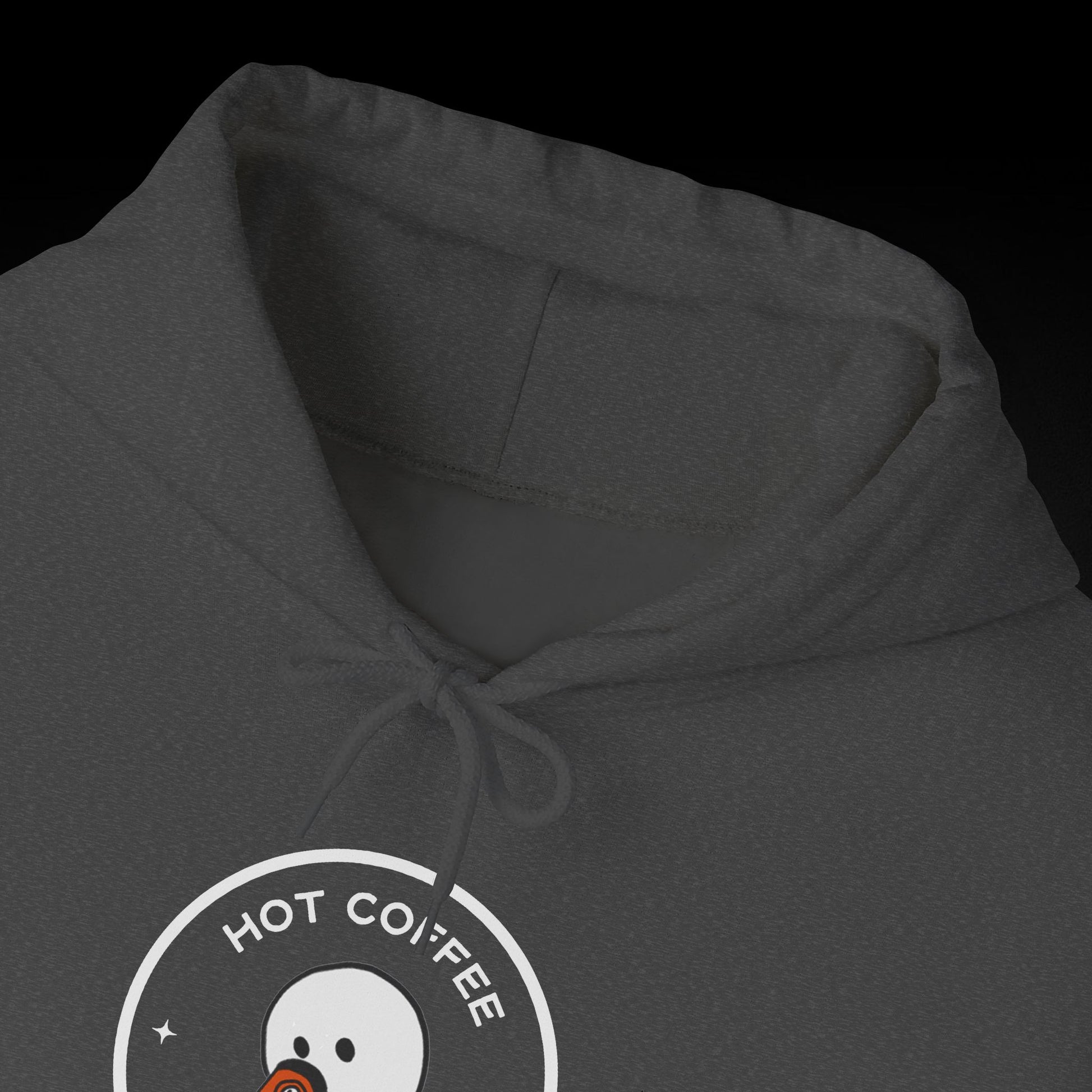 A gray hoodie with a circular logo that says "HOT COFFEE".