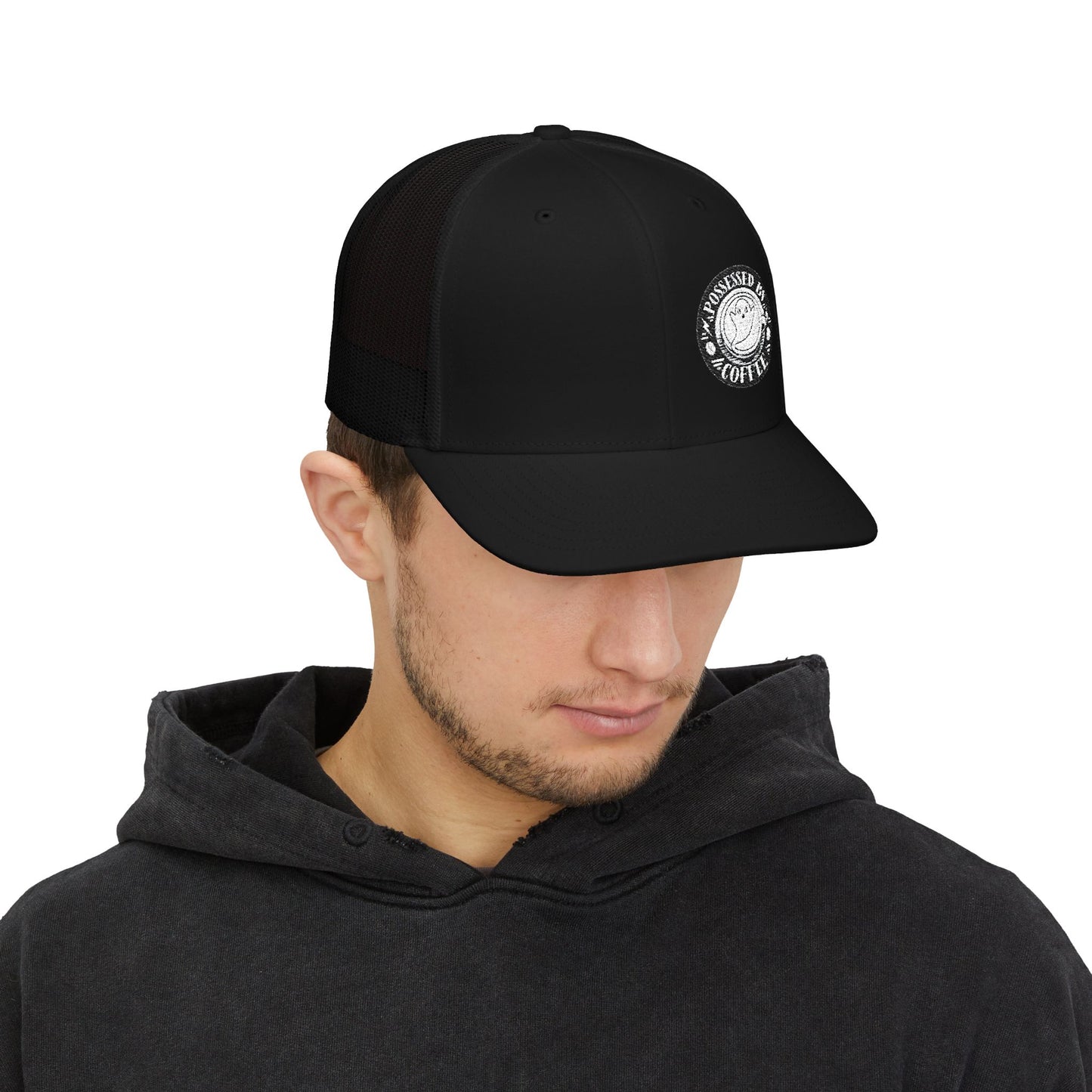 Possessed by Coffee Trucker Hat — White on Black