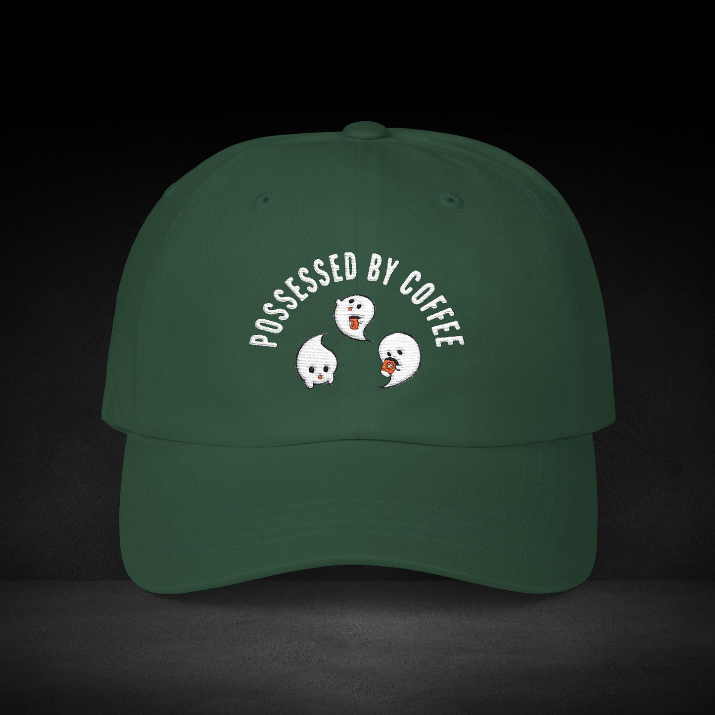 Possessed by Coffee Ghost Trio Cap – Cute Spooky Coffee Lover Baseball Hat