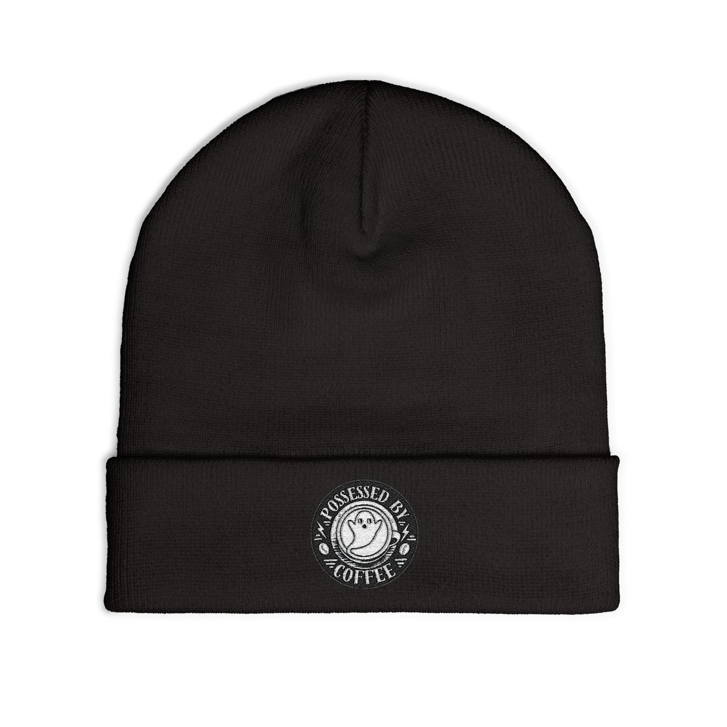 Embroidered Possessed By Coffee Knit Beanie - B&W