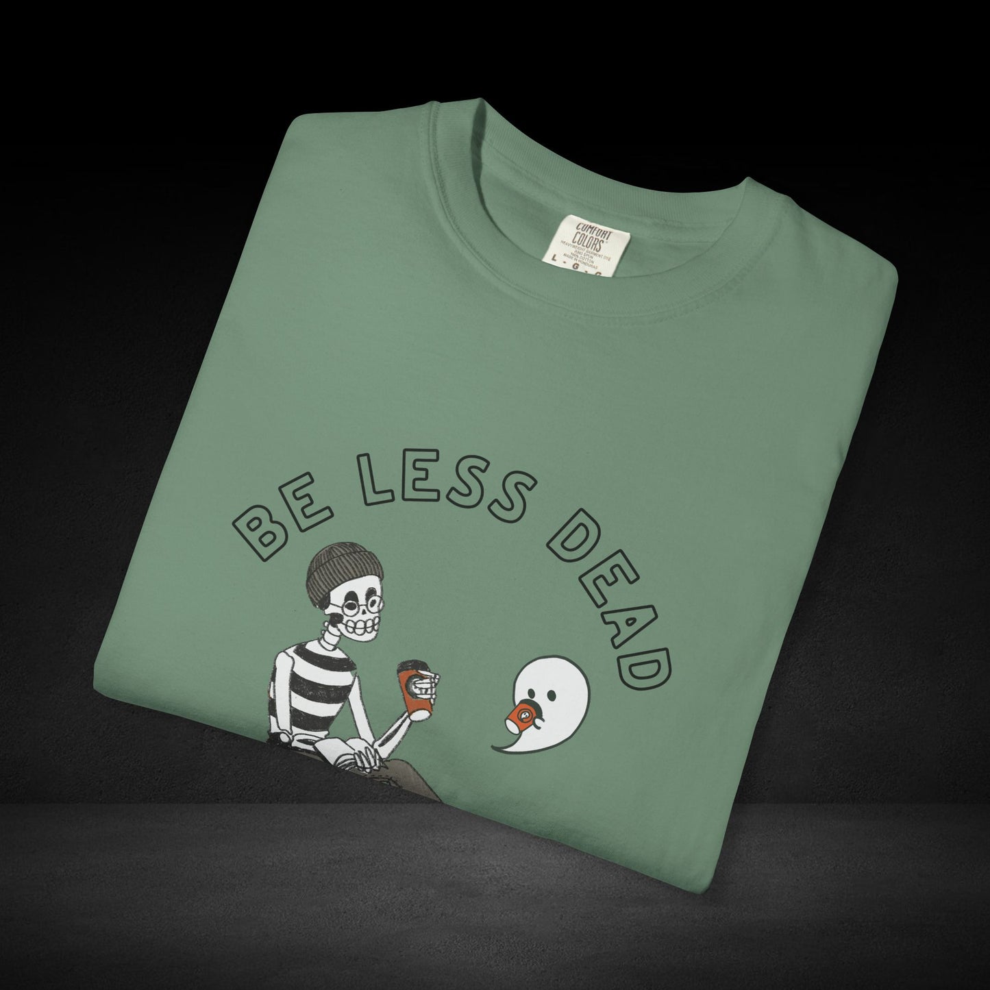 Be Less Dead Coffee Tee – Skeleton and Ghost Sharing a Brew Graphic T-Shirt