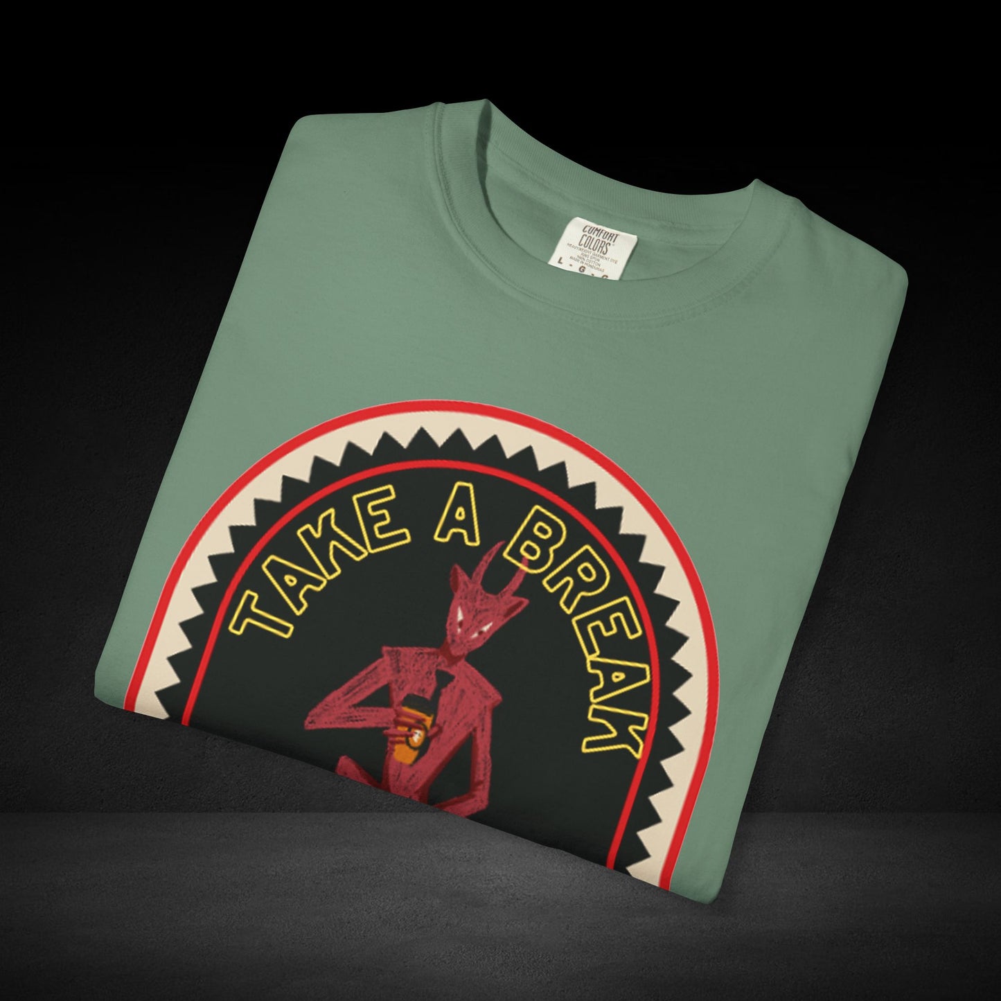 Take a Break Before the Deal Coffee Tee – Devil Holding Coffee Cup Graphic Shirt