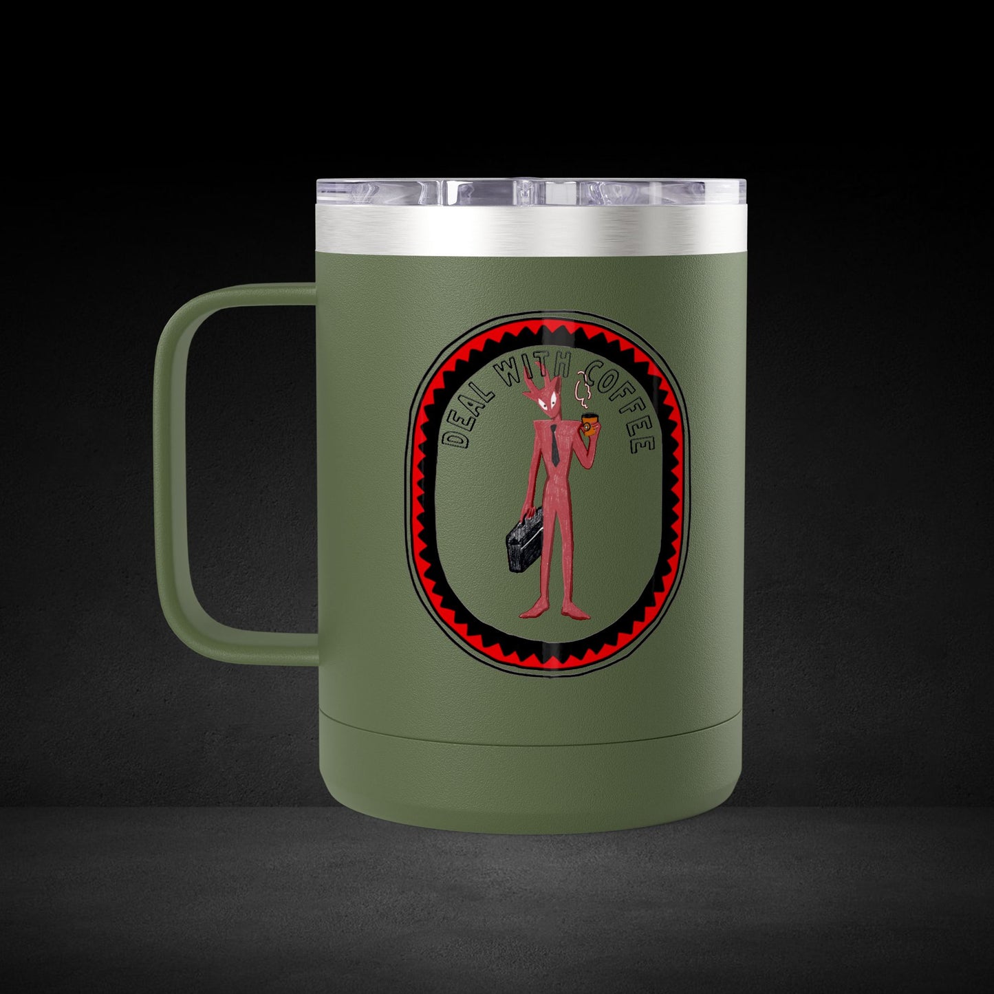 Deal With Coffee Devil Travel Mug - Business Professional Coffee Cup with Vintage Badge Design