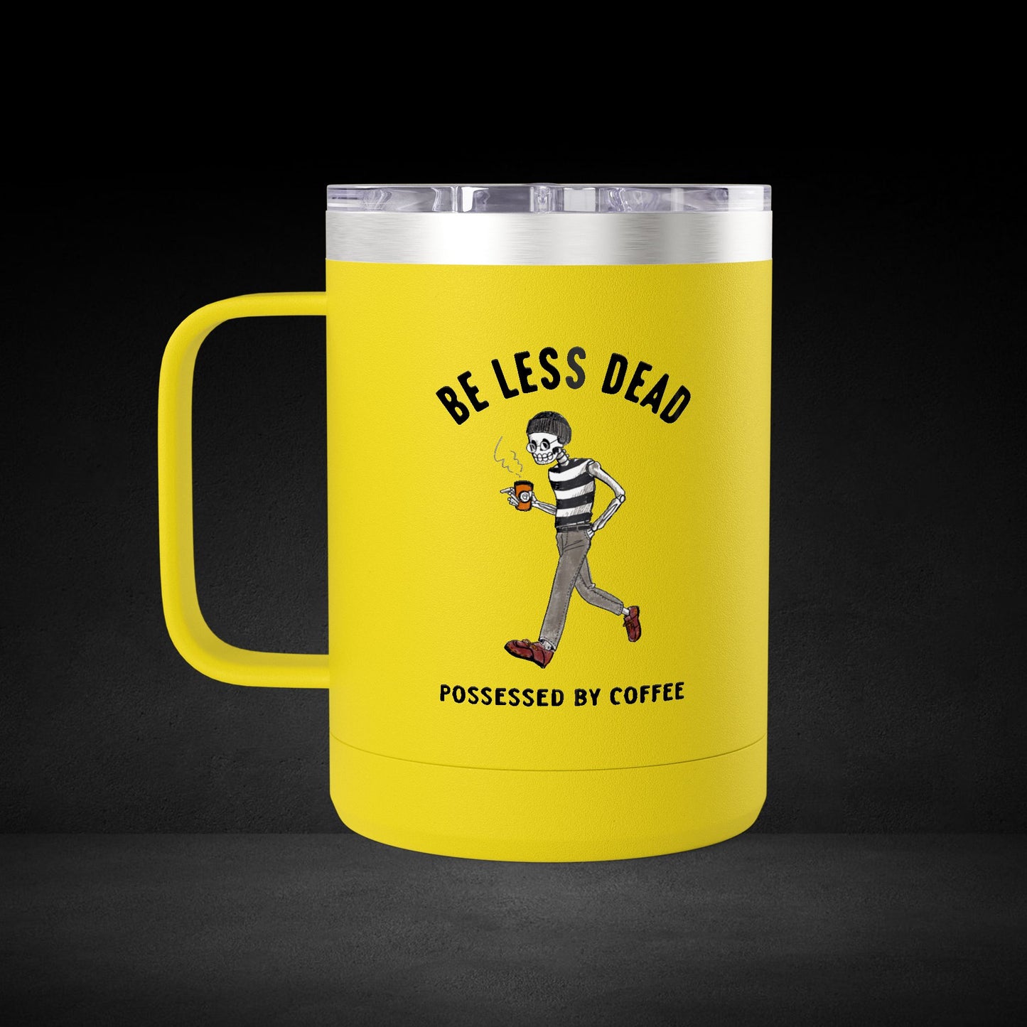 Skeleton Stroll Coffee Mug – Cool Walking Skeleton with Steaming Cup - Possessed by Coffee Travel Mug