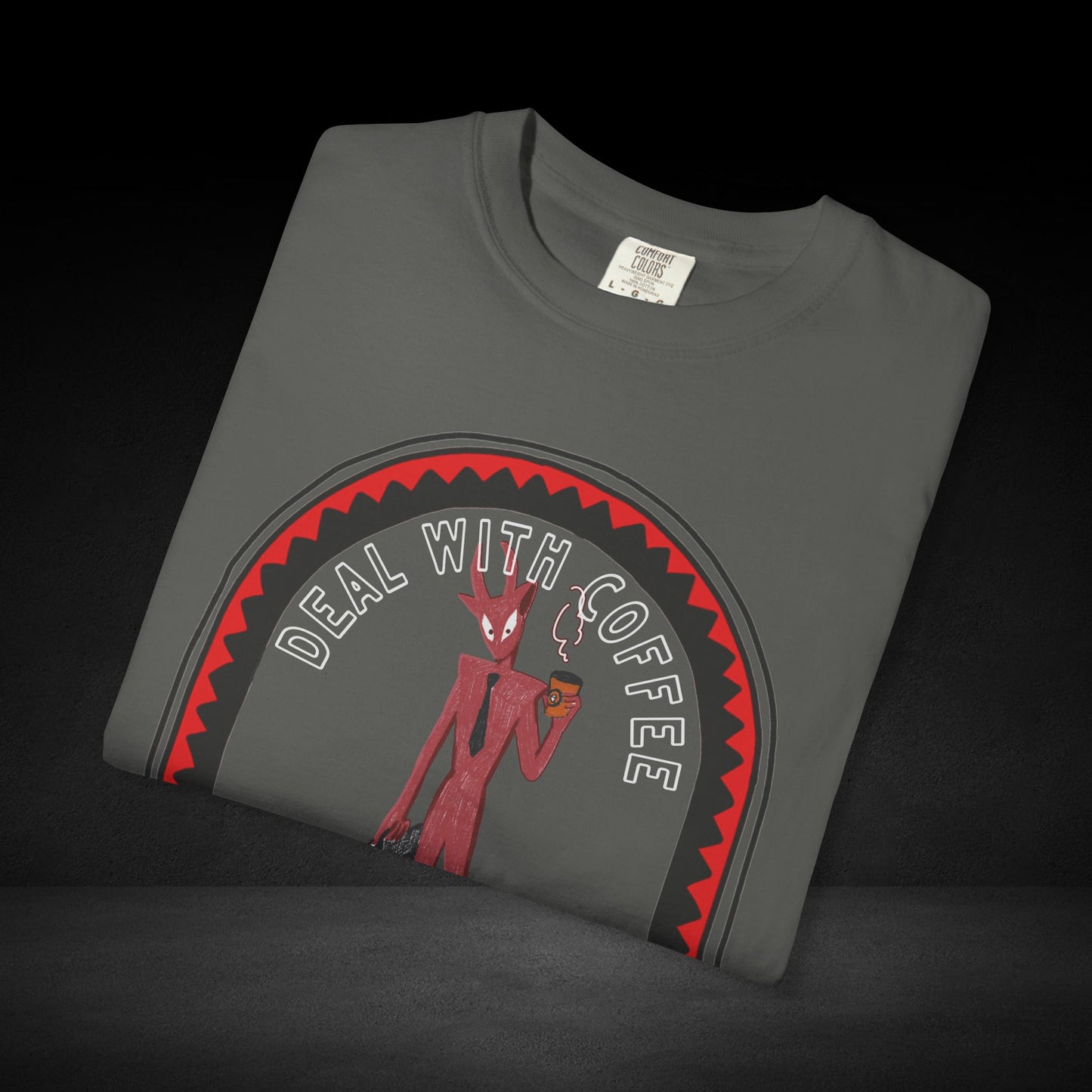 Devil’s Coffee Break Tee – Business Devil with Briefcase and Coffee Cup Graphic Shirt