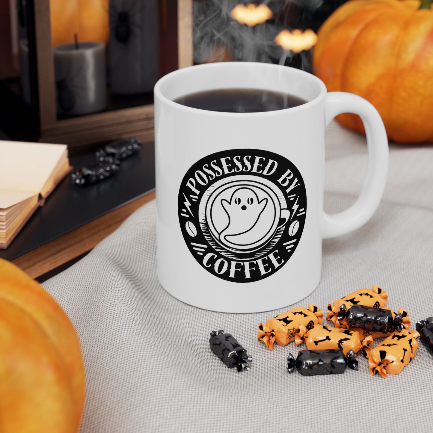 Possessed by Coffee Mug — Black on White Ceramic 11oz & 15oz