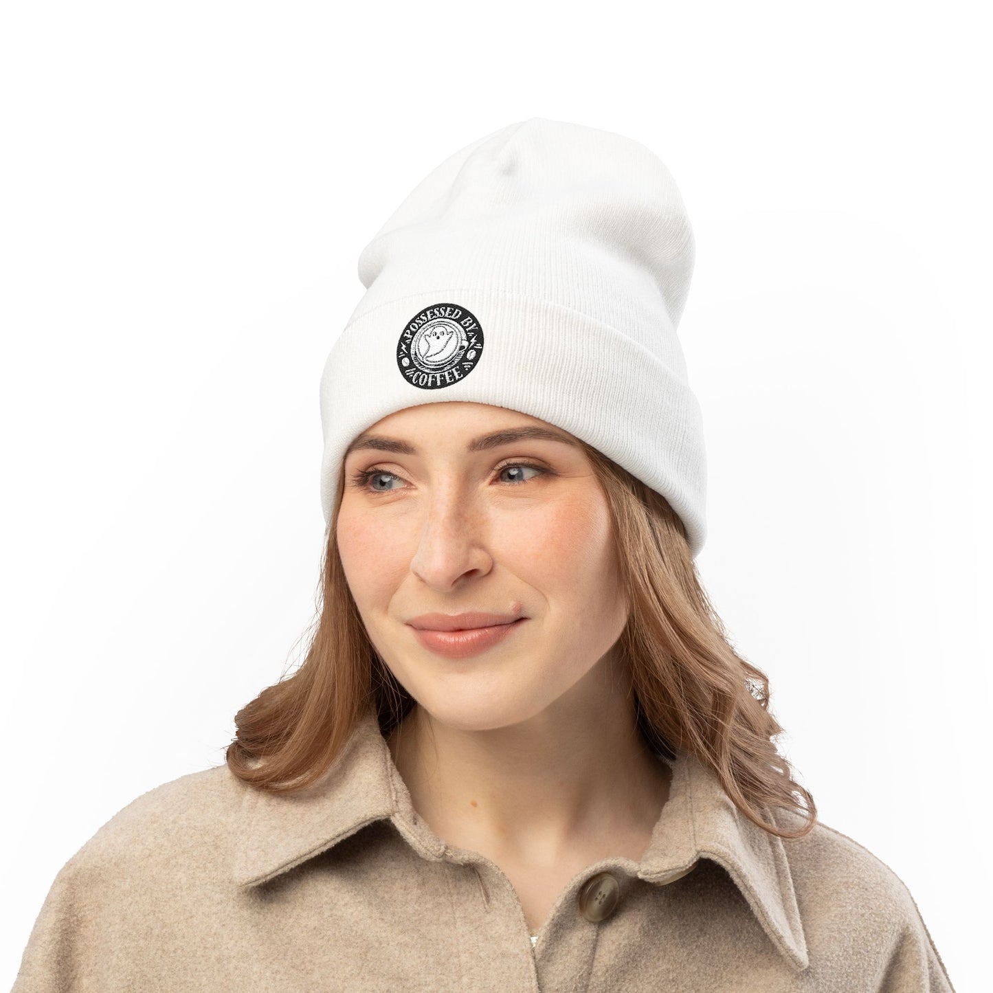 Embroidered Possessed By Coffee Knit Beanie - B&W