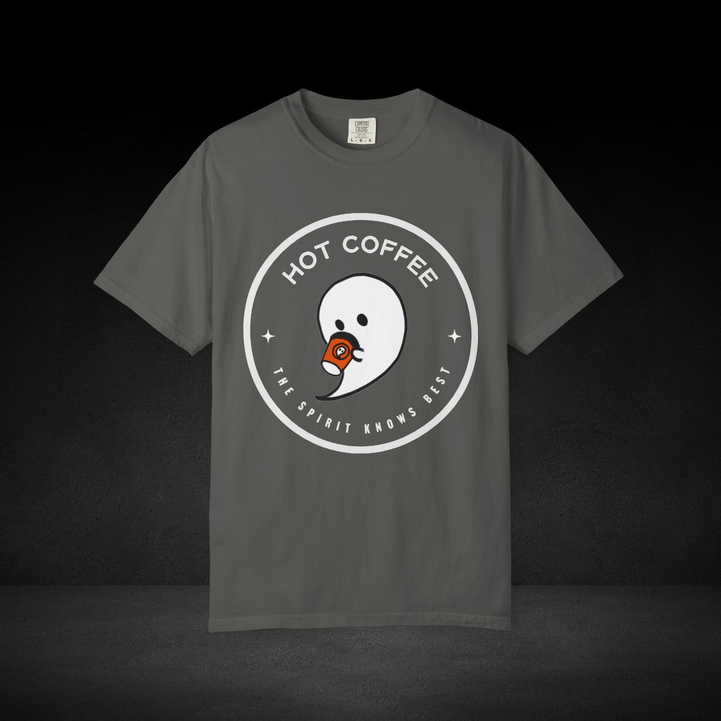 Hot Coffee Ghost Tee – “The Spirit Knows Best” Coffee Lover Graphic Shirt