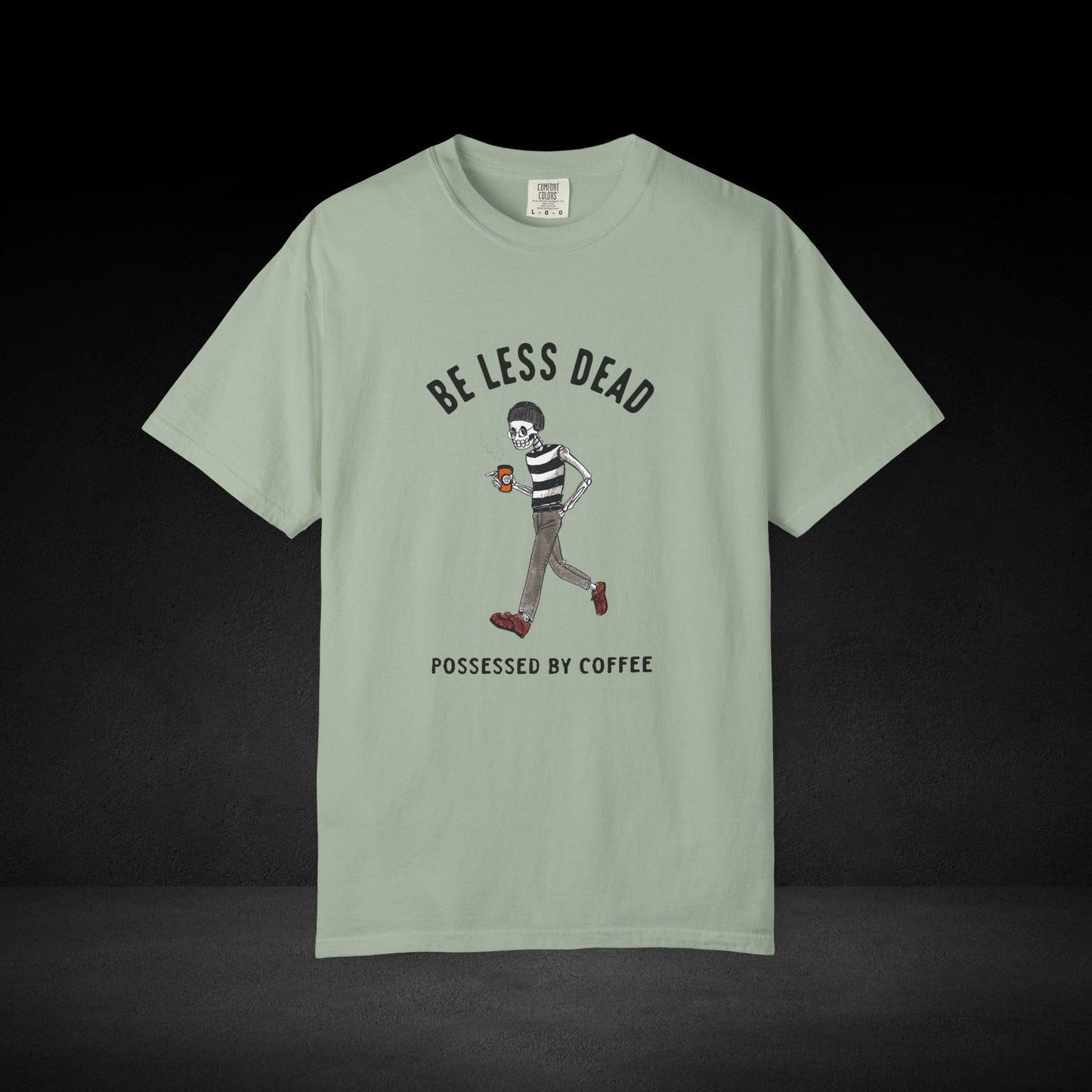 Skeleton Stroll Coffee Tee – Cool Walking Skeleton with Coffee Cup Graphic T-Shirt