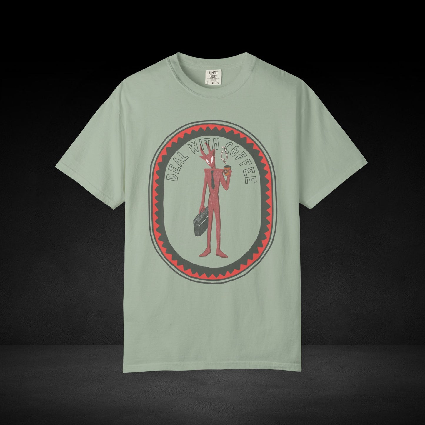 Devil’s Coffee Break Tee – Business Devil with Briefcase and Coffee Cup Graphic Shirt