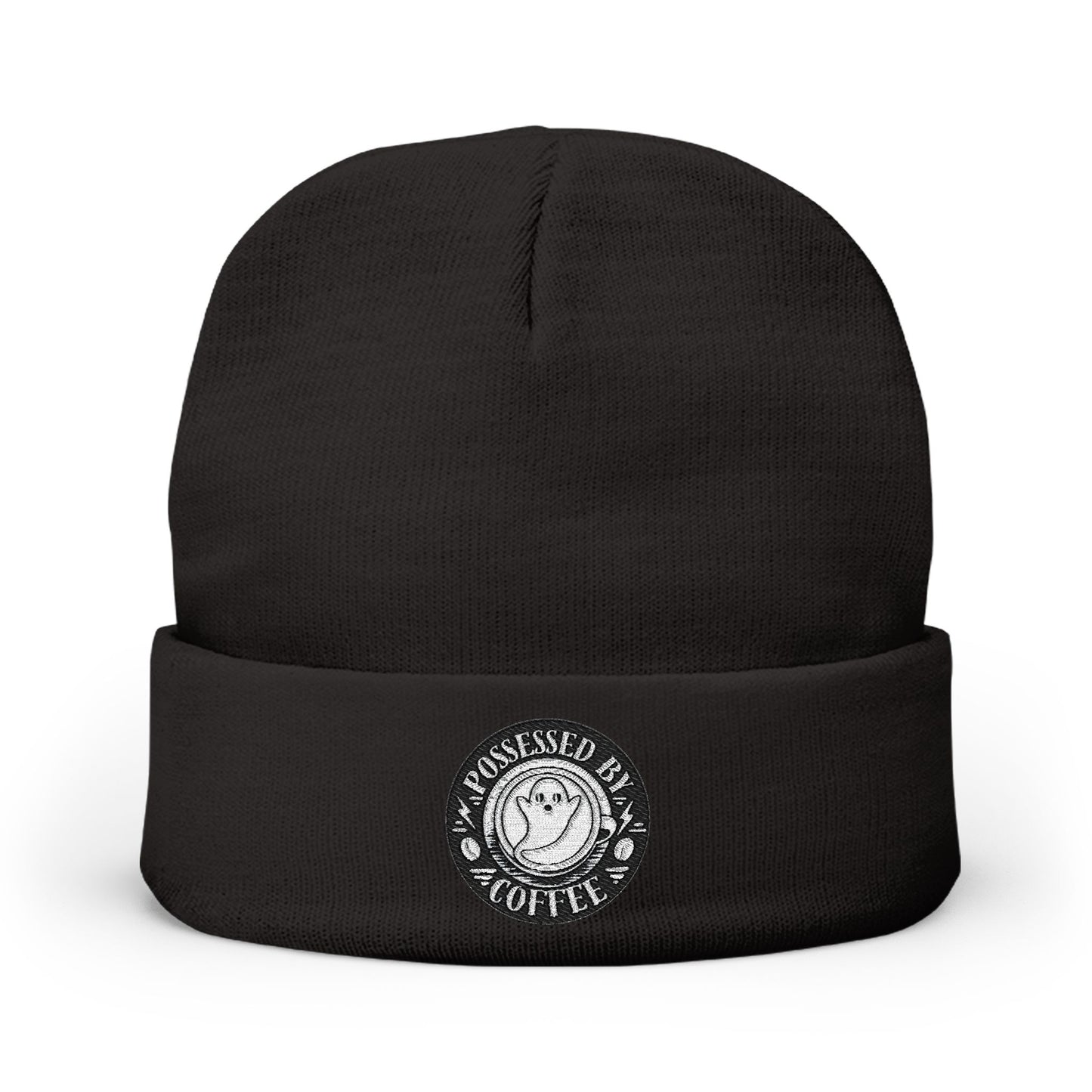 Embroidered Possessed By Coffee Knit Beanie - B&W
