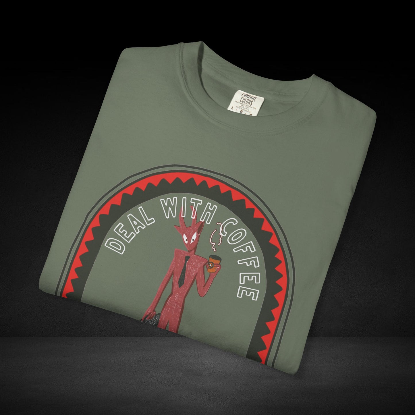 Devil’s Coffee Break Tee – Business Devil with Briefcase and Coffee Cup Graphic Shirt