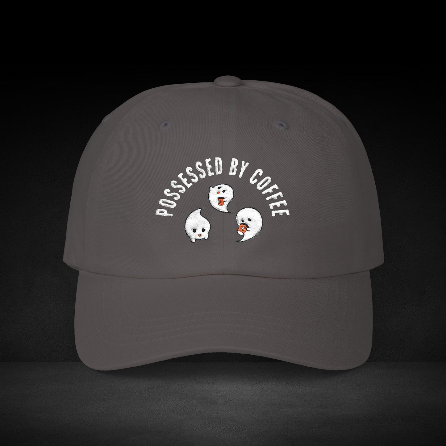 Possessed by Coffee Ghost Trio Cap – Cute Spooky Coffee Lover Baseball Hat