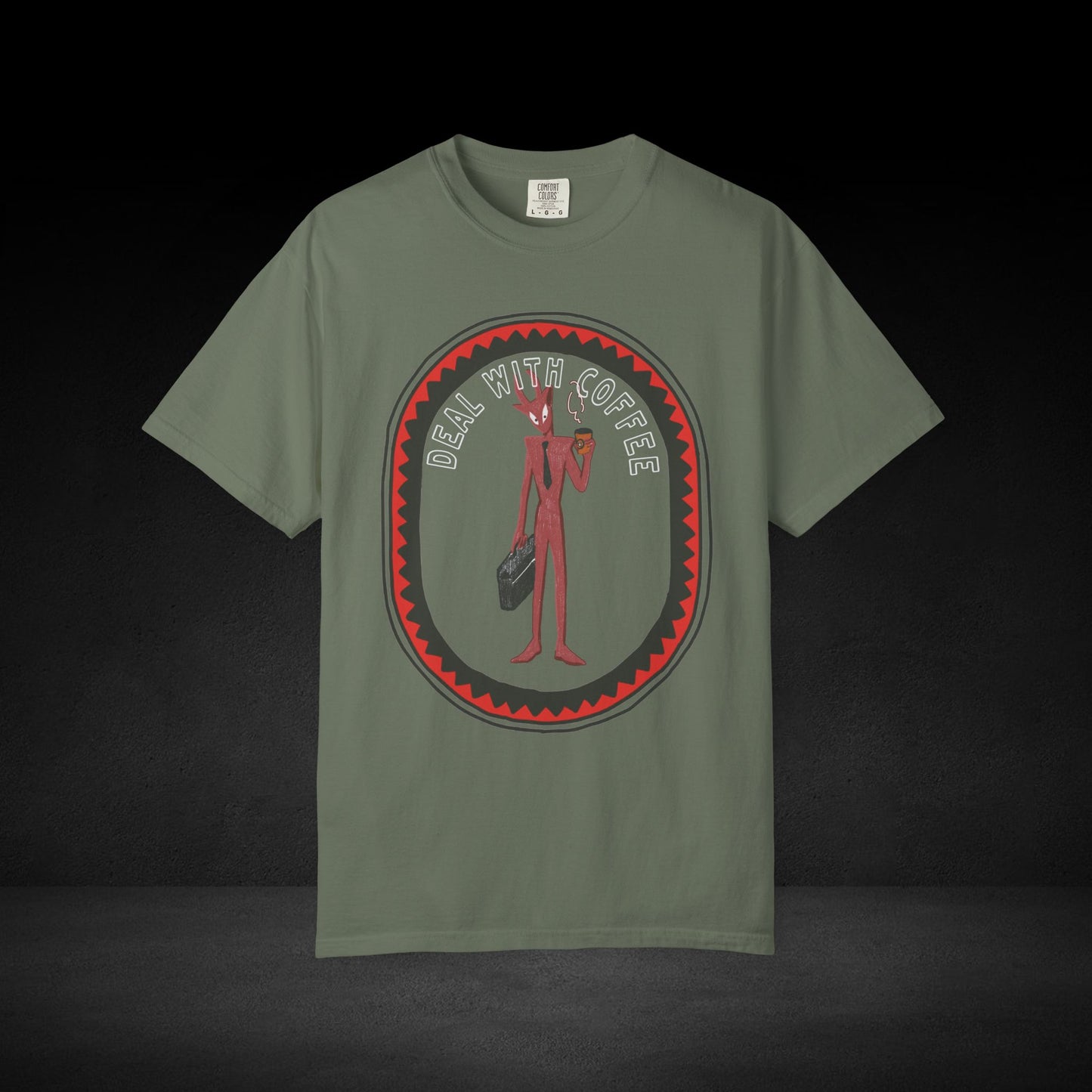 Devil’s Coffee Break Tee – Business Devil with Briefcase and Coffee Cup Graphic Shirt