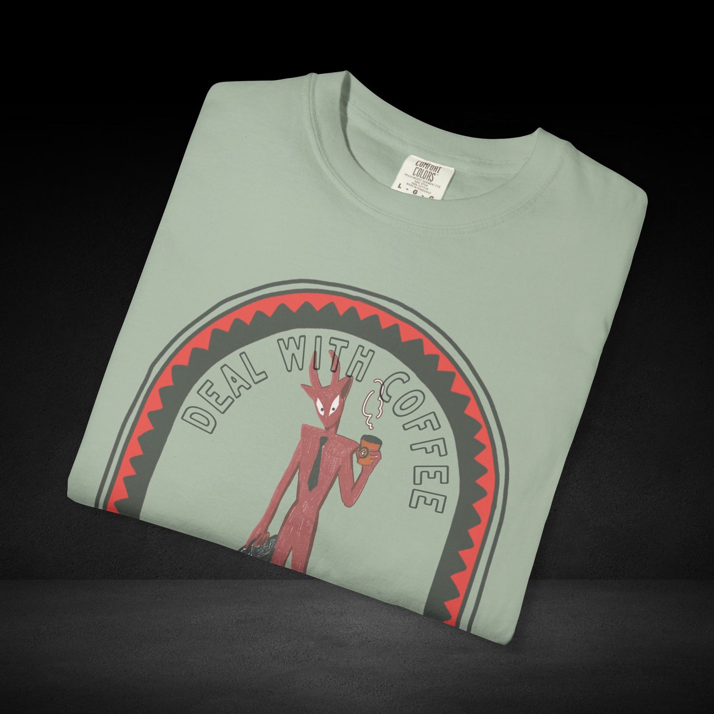 Devil’s Coffee Break Tee – Business Devil with Briefcase and Coffee Cup Graphic Shirt