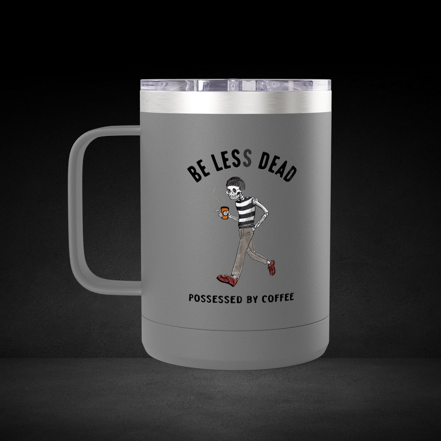 Skeleton Stroll Coffee Mug – Cool Walking Skeleton with Steaming Cup - Possessed by Coffee Travel Mug