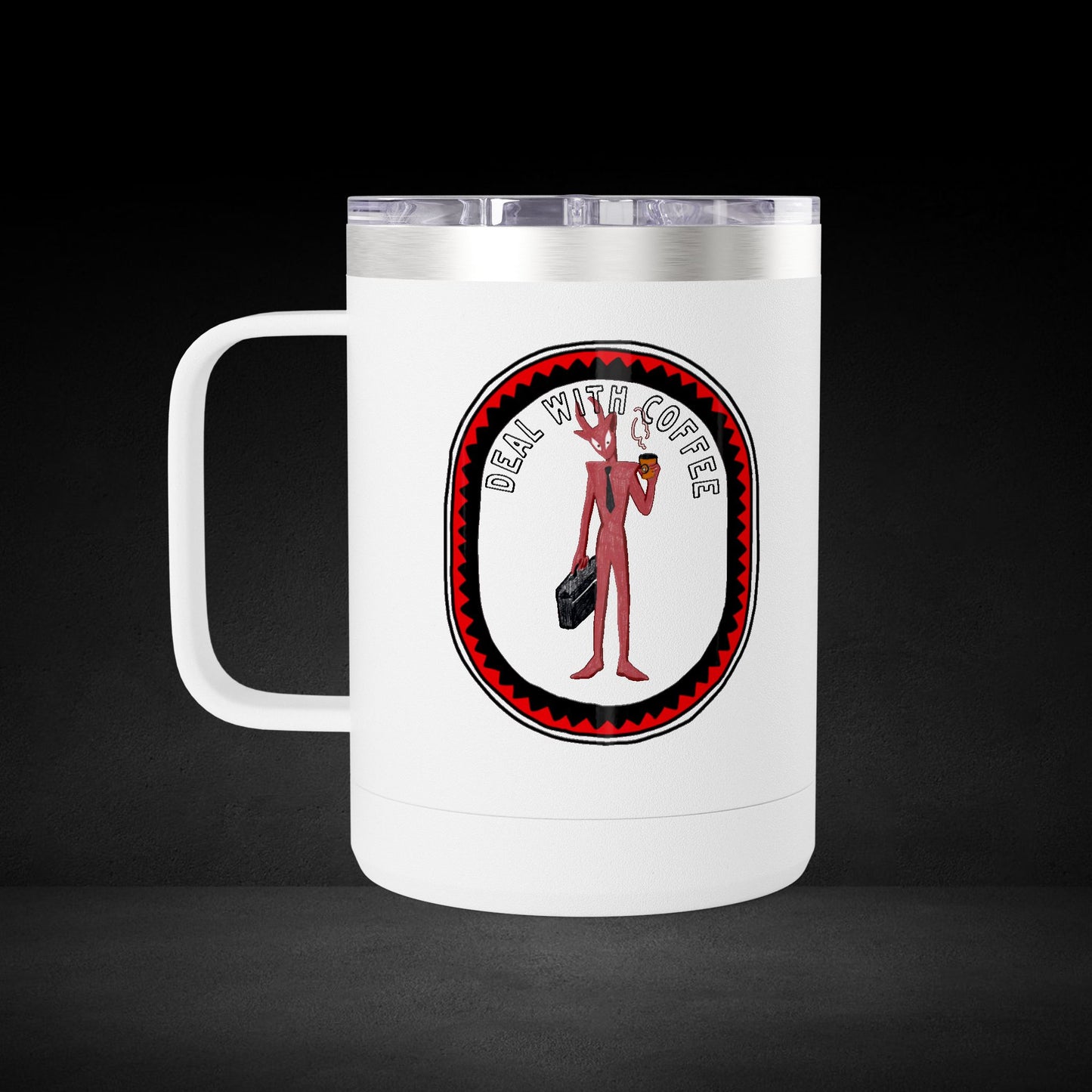 Deal With Coffee Devil Travel Mug - Business Professional Coffee Cup with Vintage Badge Design