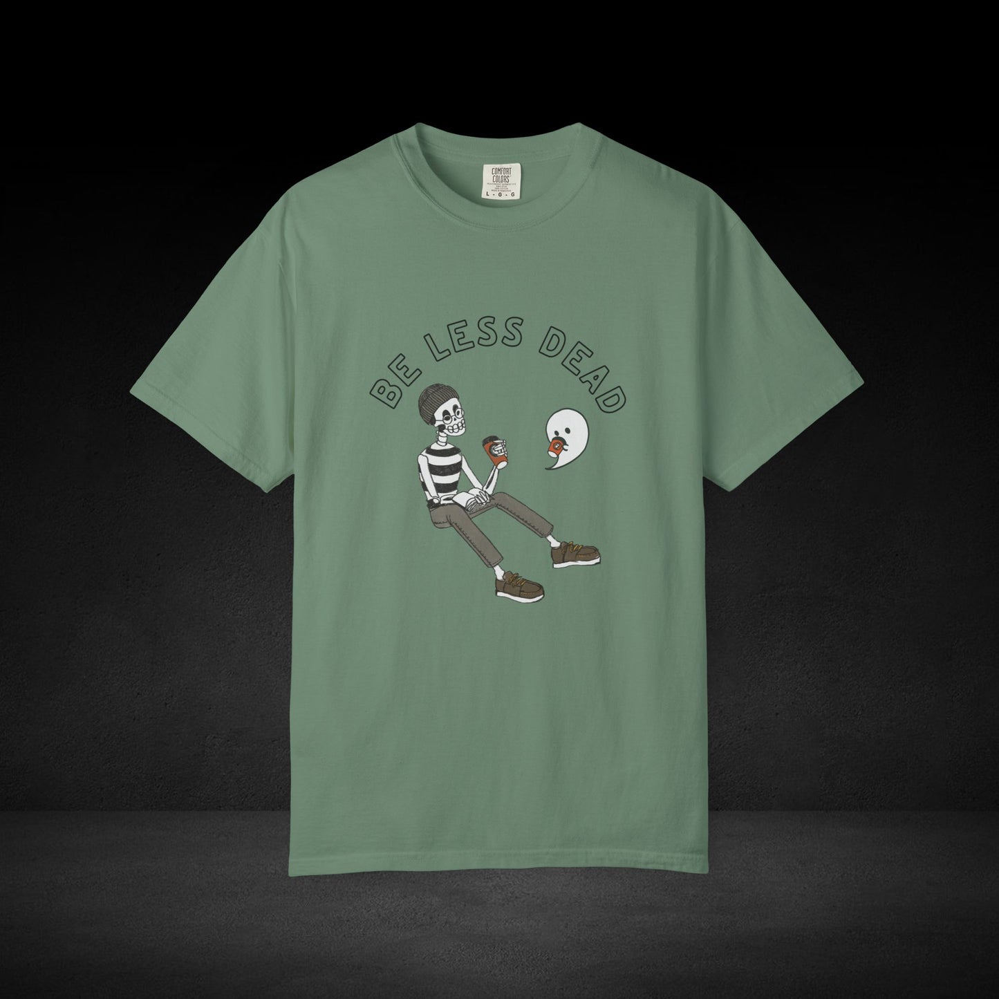 Be Less Dead Coffee Tee – Skeleton and Ghost Sharing a Brew Graphic T-Shirt