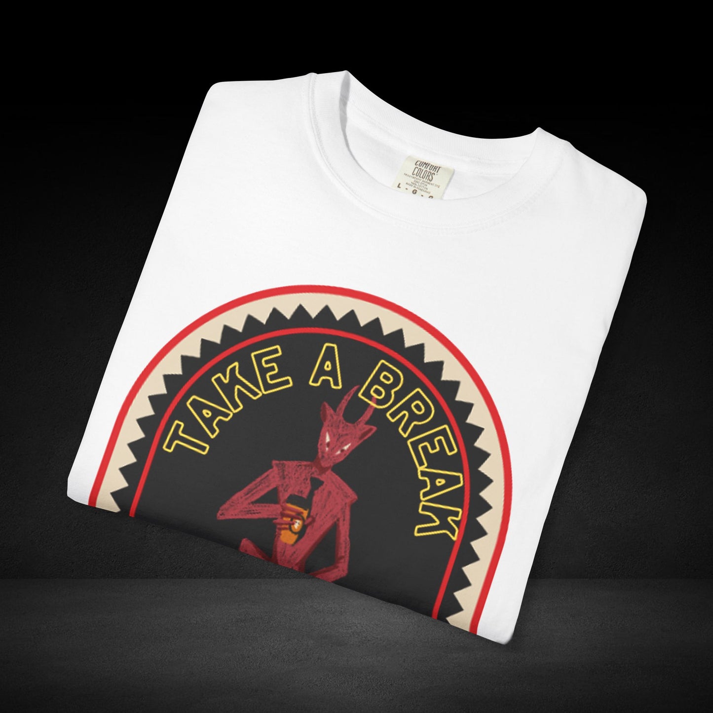 Take a Break Before the Deal Coffee Tee – Devil Holding Coffee Cup Graphic Shirt