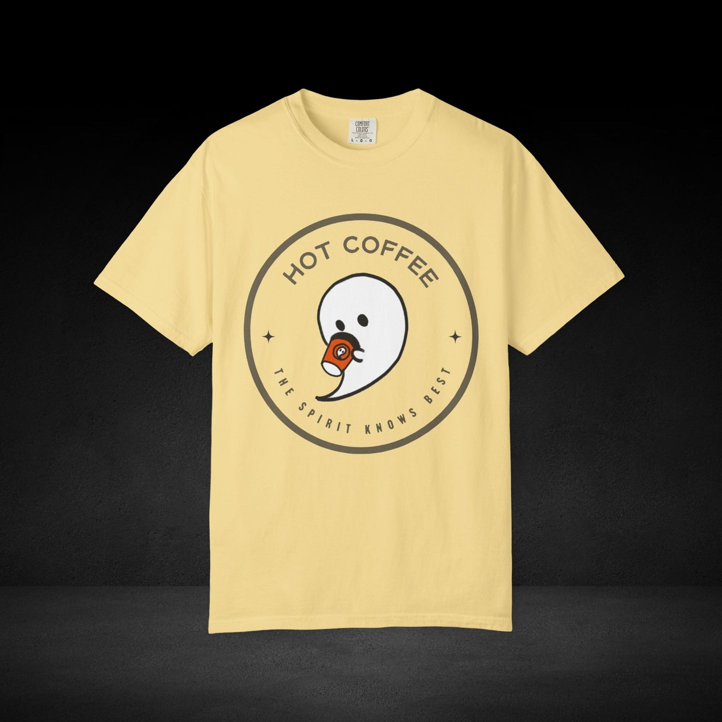 Hot Coffee Ghost Tee – “The Spirit Knows Best” Coffee Lover Graphic Shirt