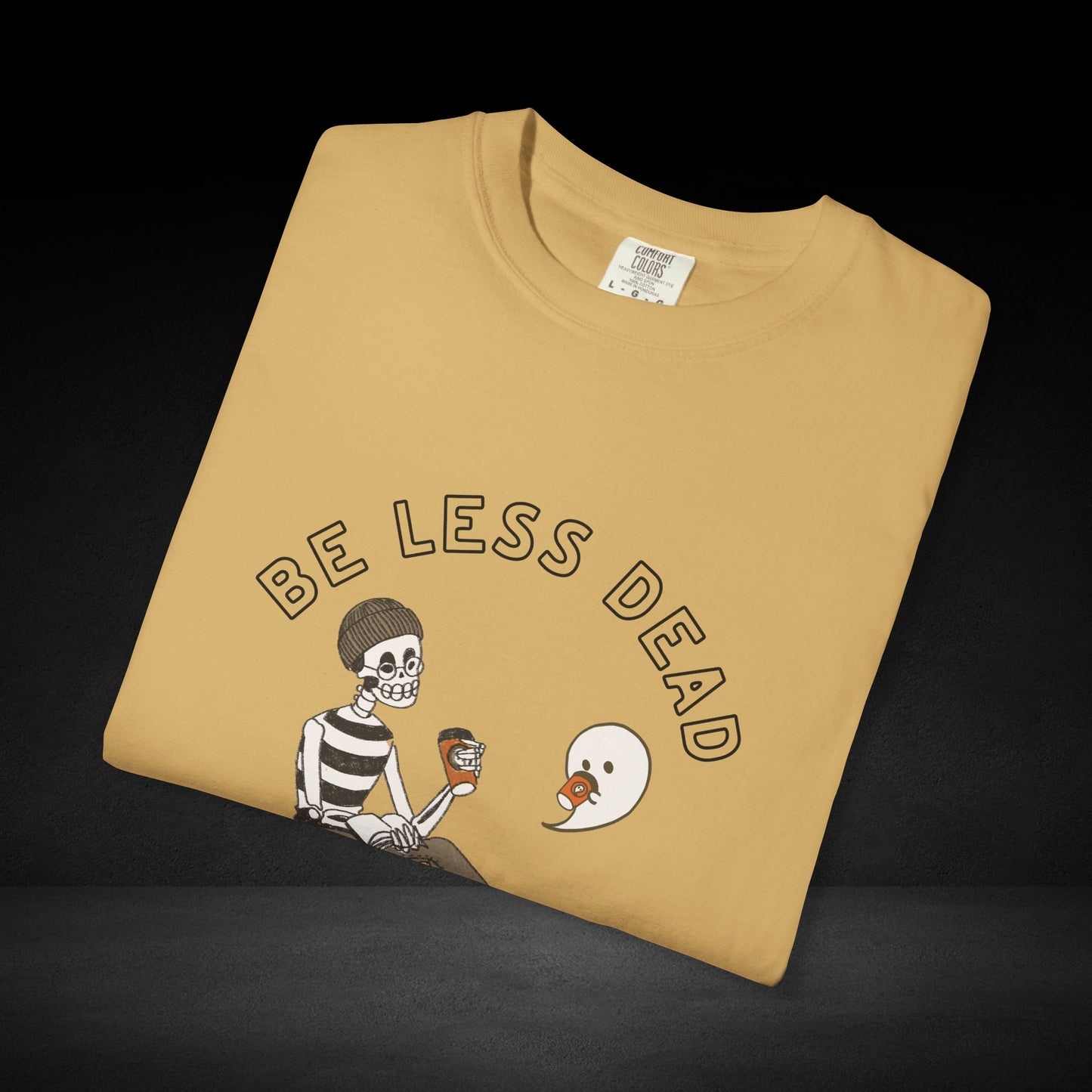 Be Less Dead Coffee Tee – Skeleton and Ghost Sharing a Brew Graphic T-Shirt
