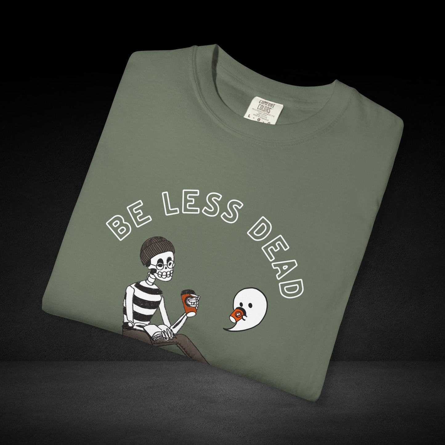 Be Less Dead Coffee Tee – Skeleton and Ghost Sharing a Brew Graphic T-Shirt