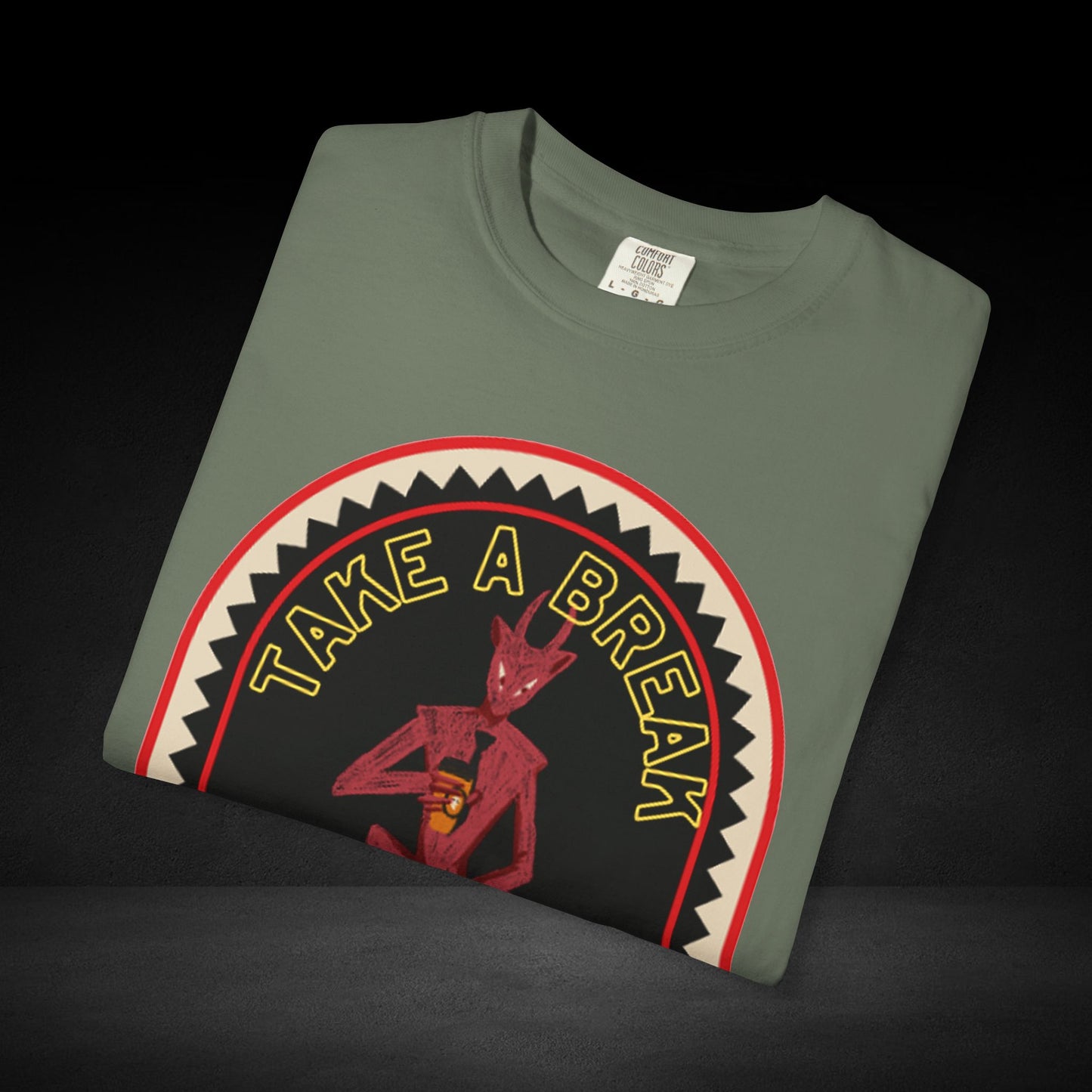 Take a Break Before the Deal Coffee Tee – Devil Holding Coffee Cup Graphic Shirt