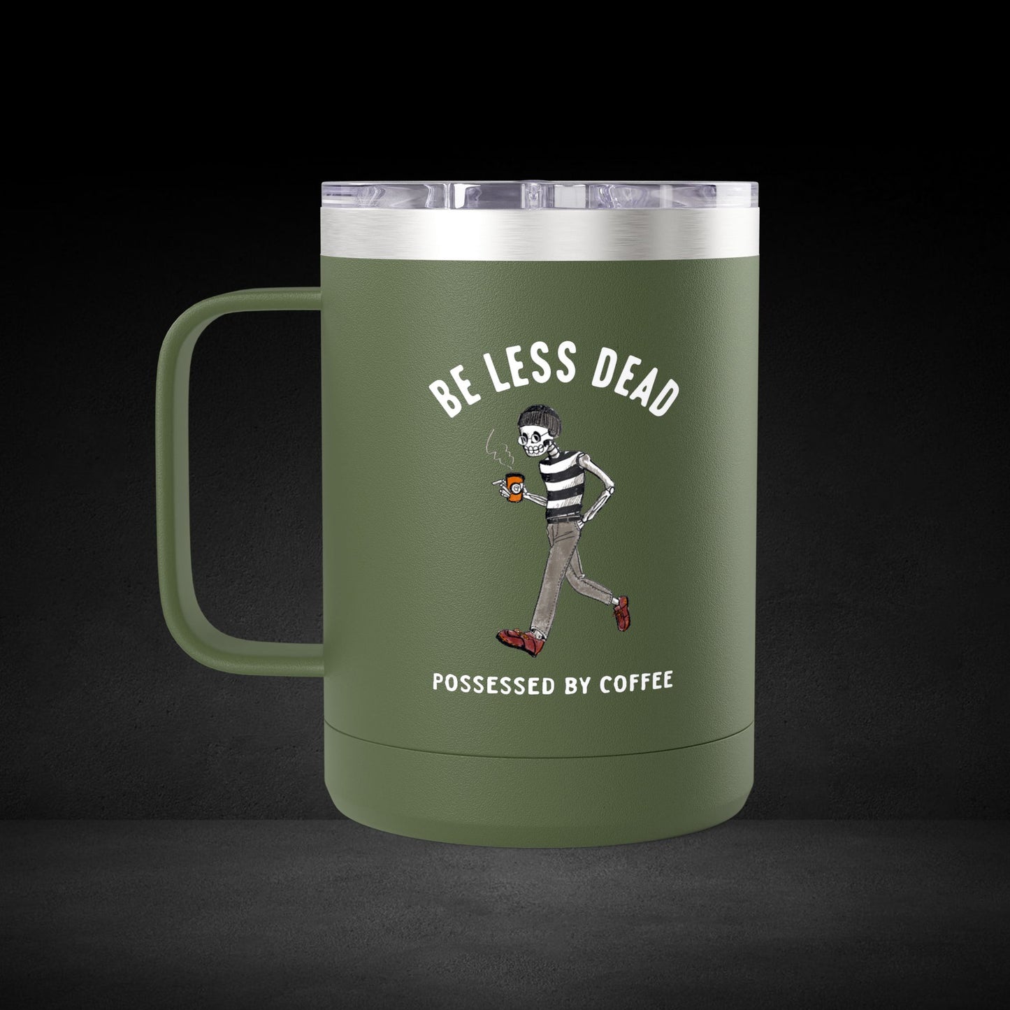 Skeleton Stroll Coffee Mug – Cool Walking Skeleton with Steaming Cup - Possessed by Coffee Travel Mug