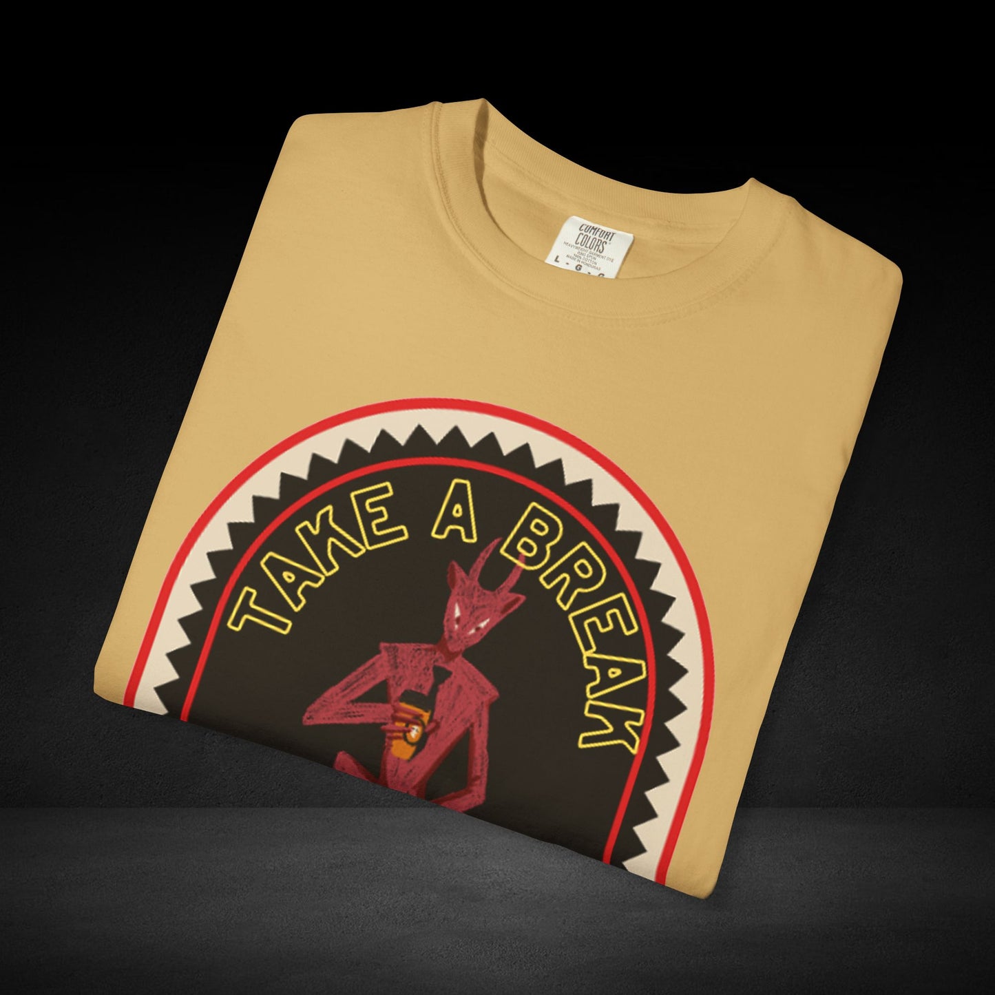Take a Break Before the Deal Coffee Tee – Devil Holding Coffee Cup Graphic Shirt
