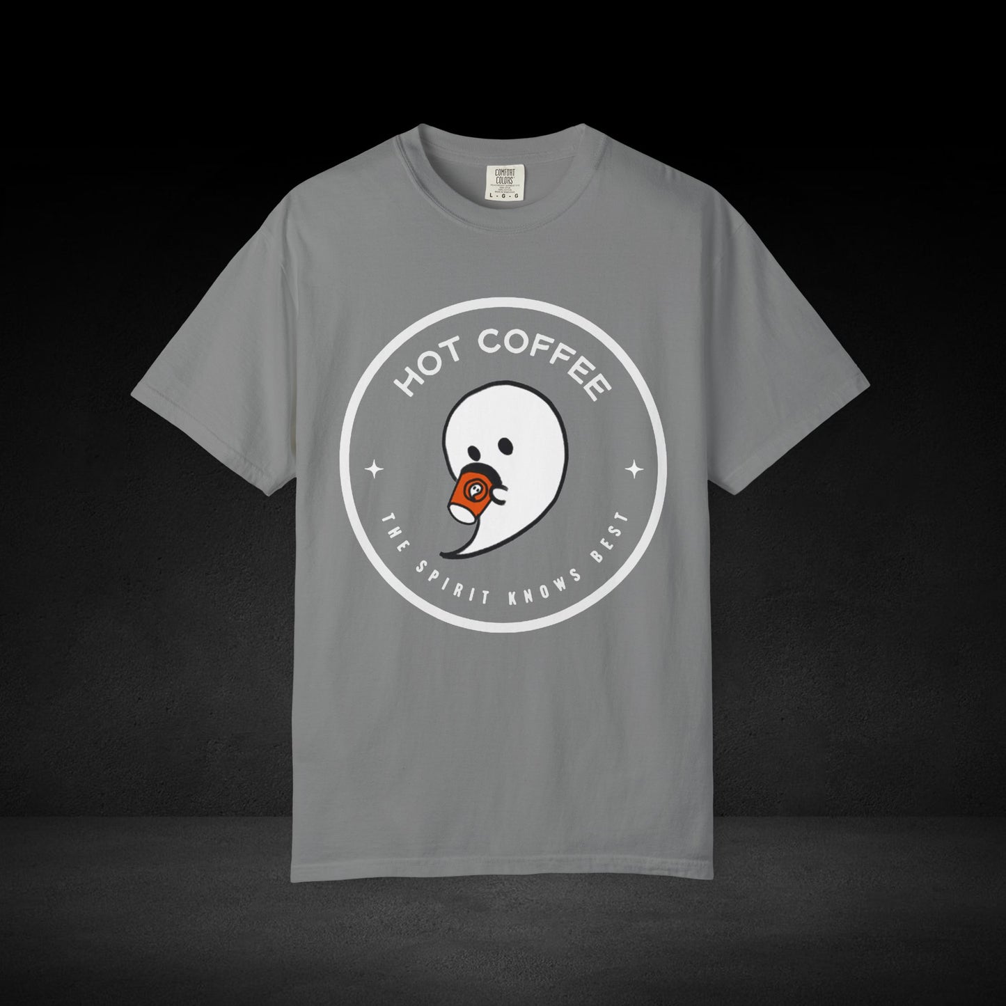 Hot Coffee Ghost Tee – “The Spirit Knows Best” Coffee Lover Graphic Shirt