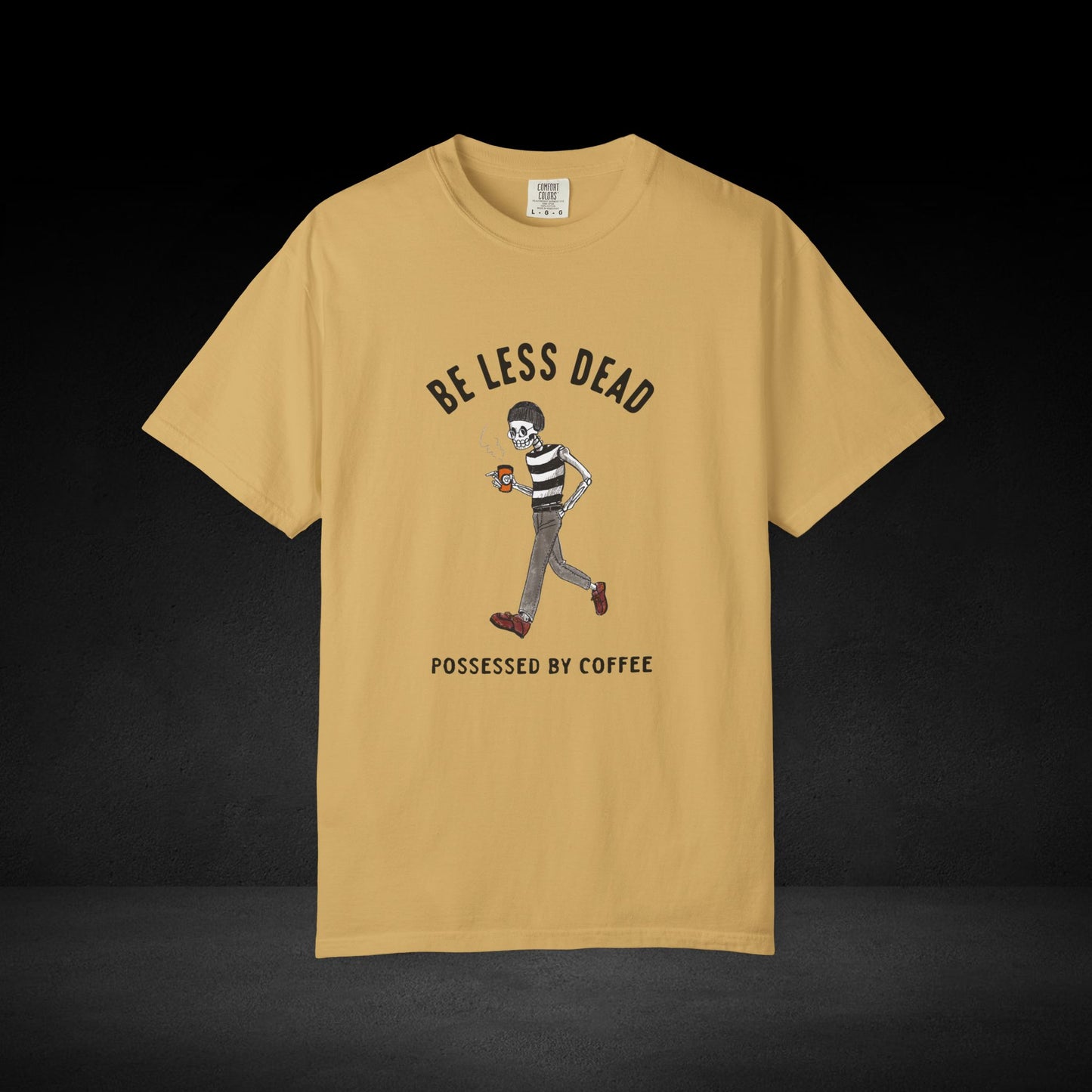 Skeleton Stroll Coffee Tee – Cool Walking Skeleton with Coffee Cup Graphic T-Shirt