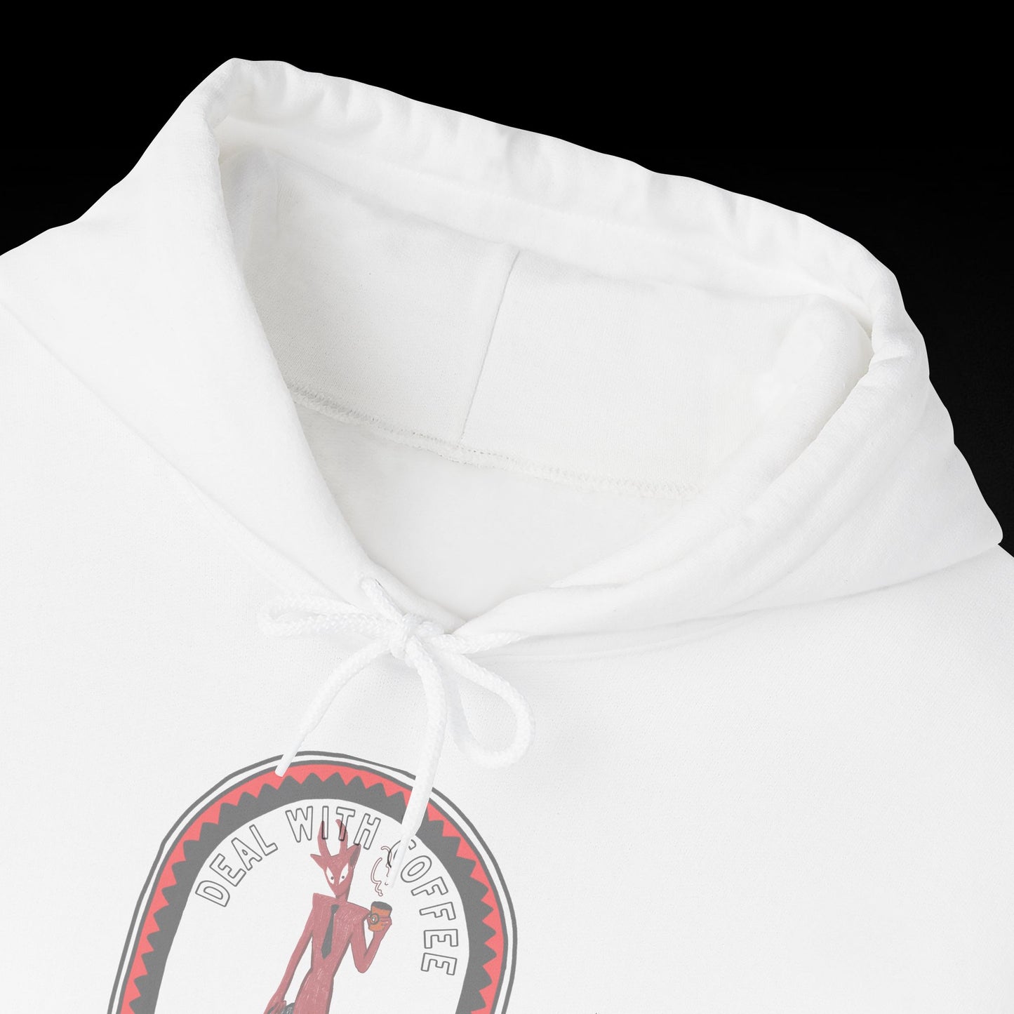 A white hoodie with a graphic design featuring a cartoon character and the text " Deal with coffee".