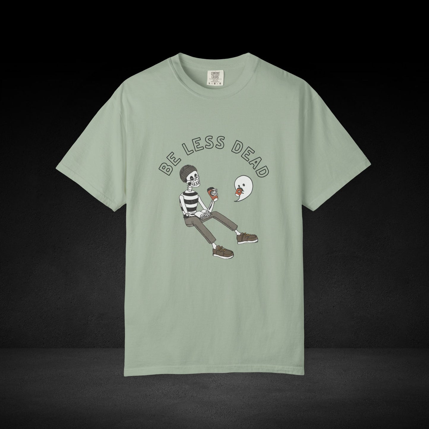 Be Less Dead Coffee Tee – Skeleton and Ghost Sharing a Brew Graphic T-Shirt