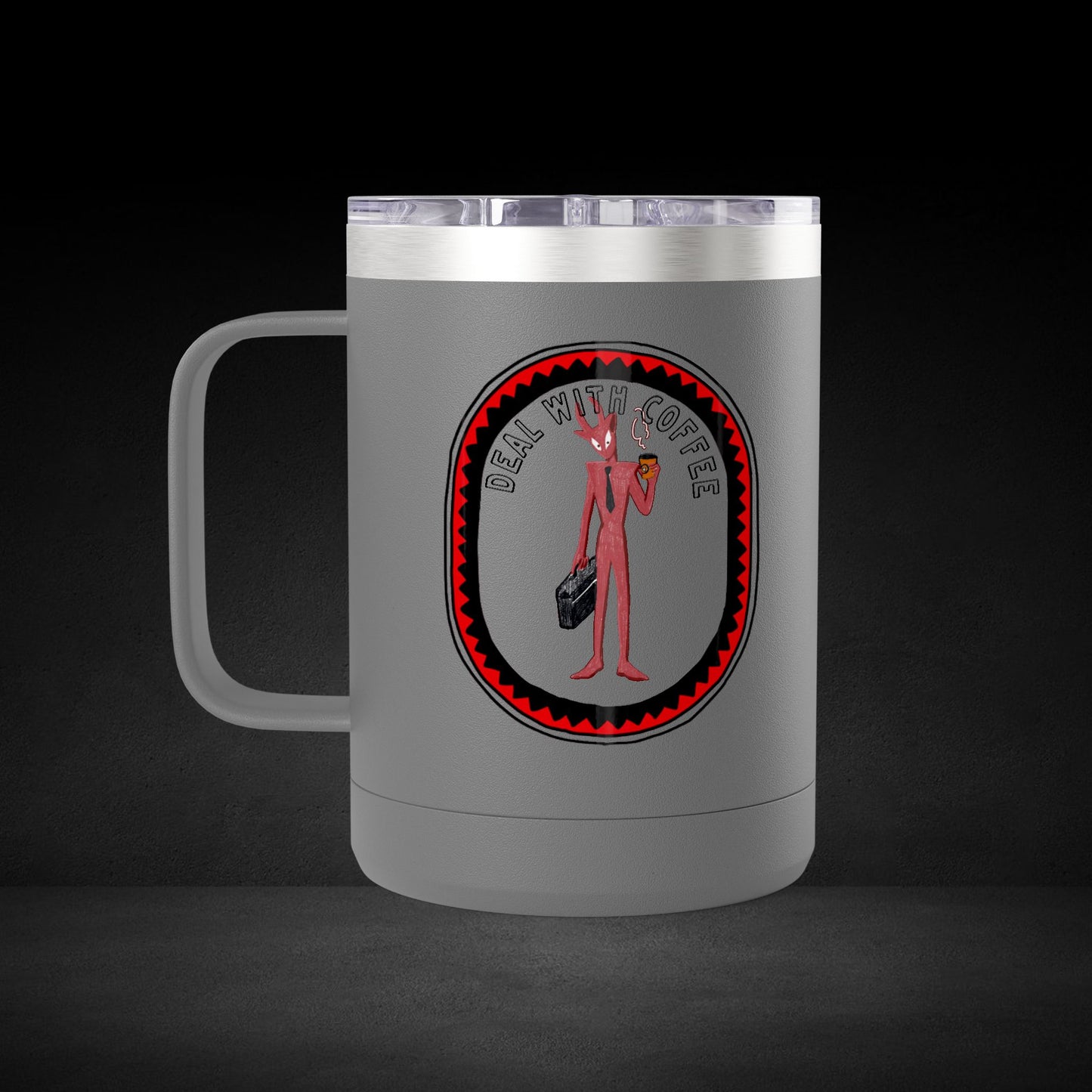 Deal With Coffee Devil Travel Mug - Business Professional Coffee Cup with Vintage Badge Design