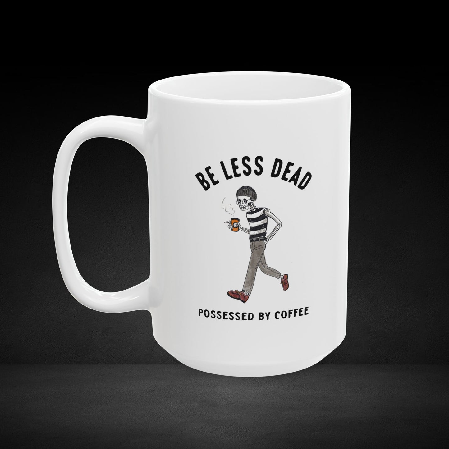 Caffeinated Stroll – Skeleton on the Go with Coffee Mug