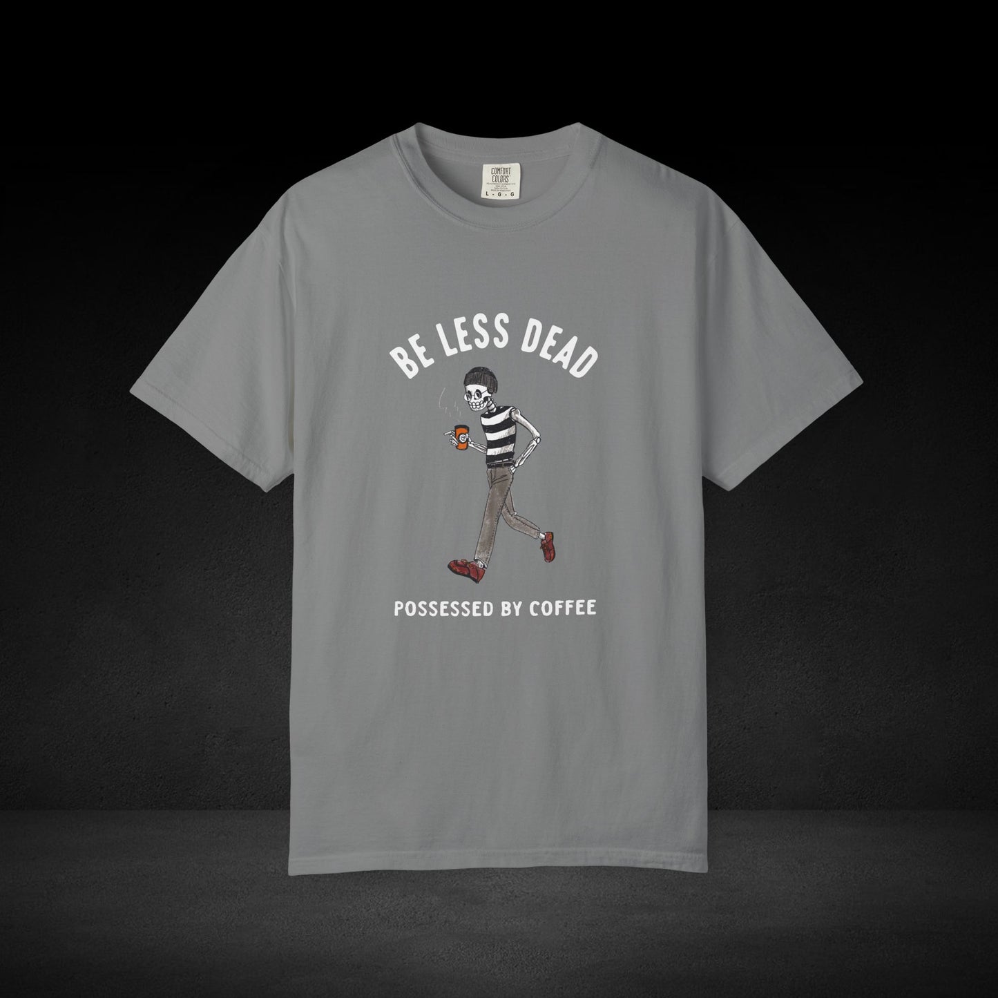 Skeleton Stroll Coffee Tee – Cool Walking Skeleton with Coffee Cup Graphic T-Shirt