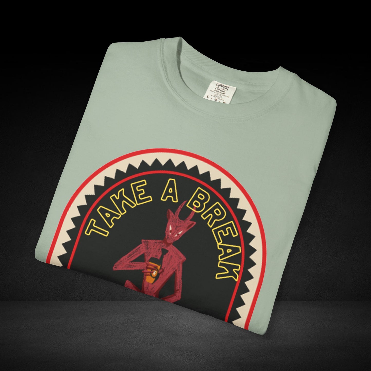 Take a Break Before the Deal Coffee Tee – Devil Holding Coffee Cup Graphic Shirt