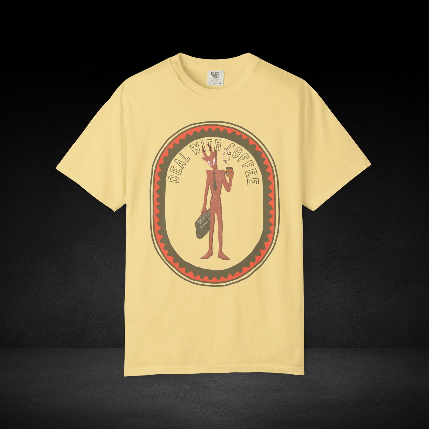 Devil’s Coffee Break Tee – Business Devil with Briefcase and Coffee Cup Graphic Shirt