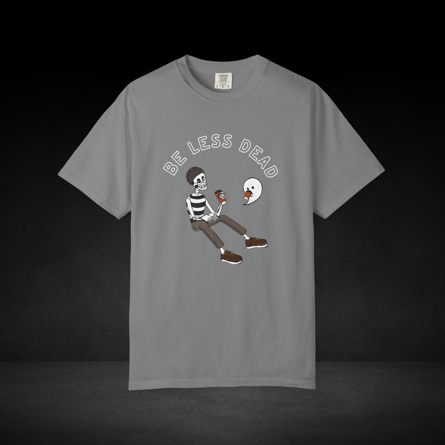 Be Less Dead Coffee Tee – Skeleton and Ghost Sharing a Brew Graphic T-Shirt