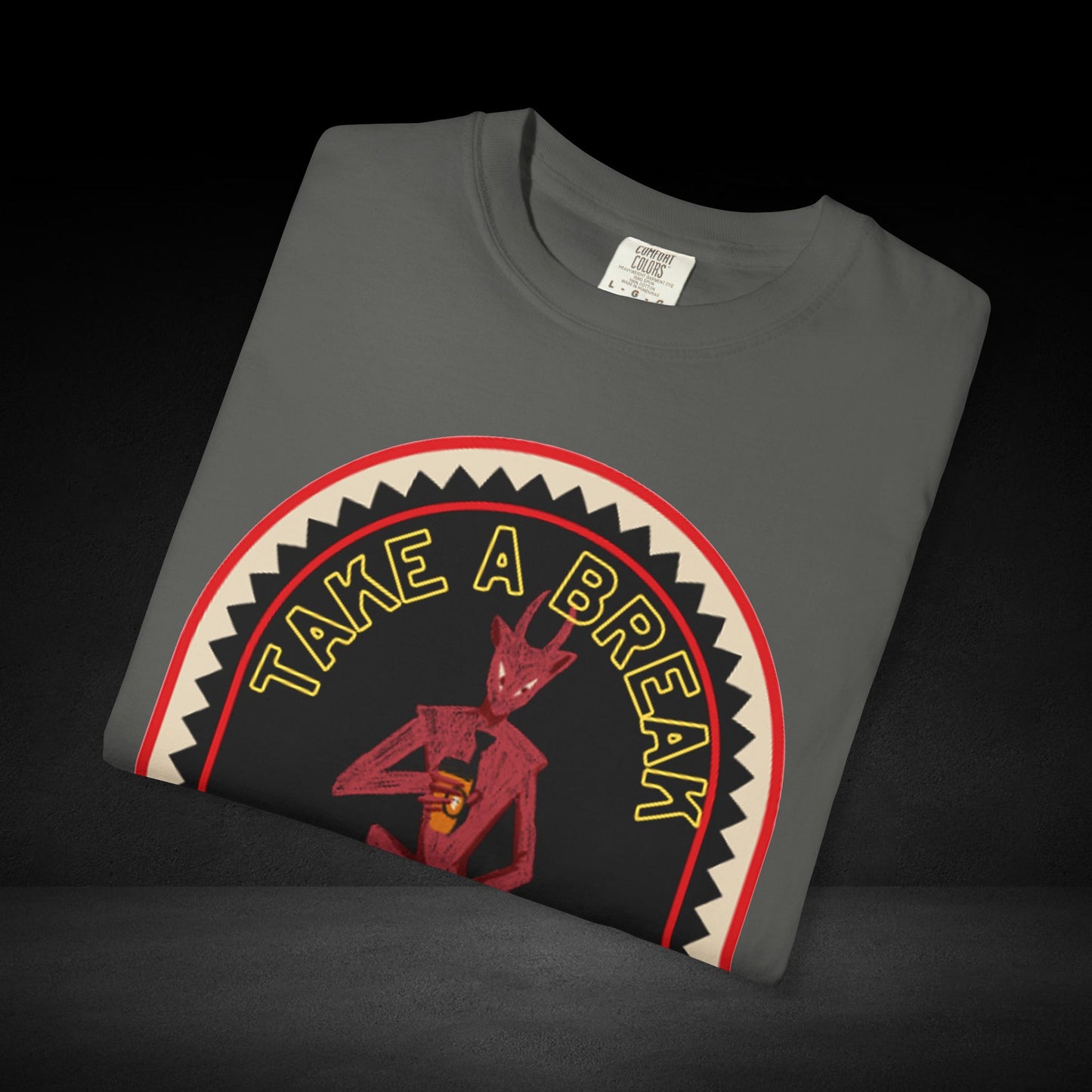 Take a Break Before the Deal Coffee Tee – Devil Holding Coffee Cup Graphic Shirt