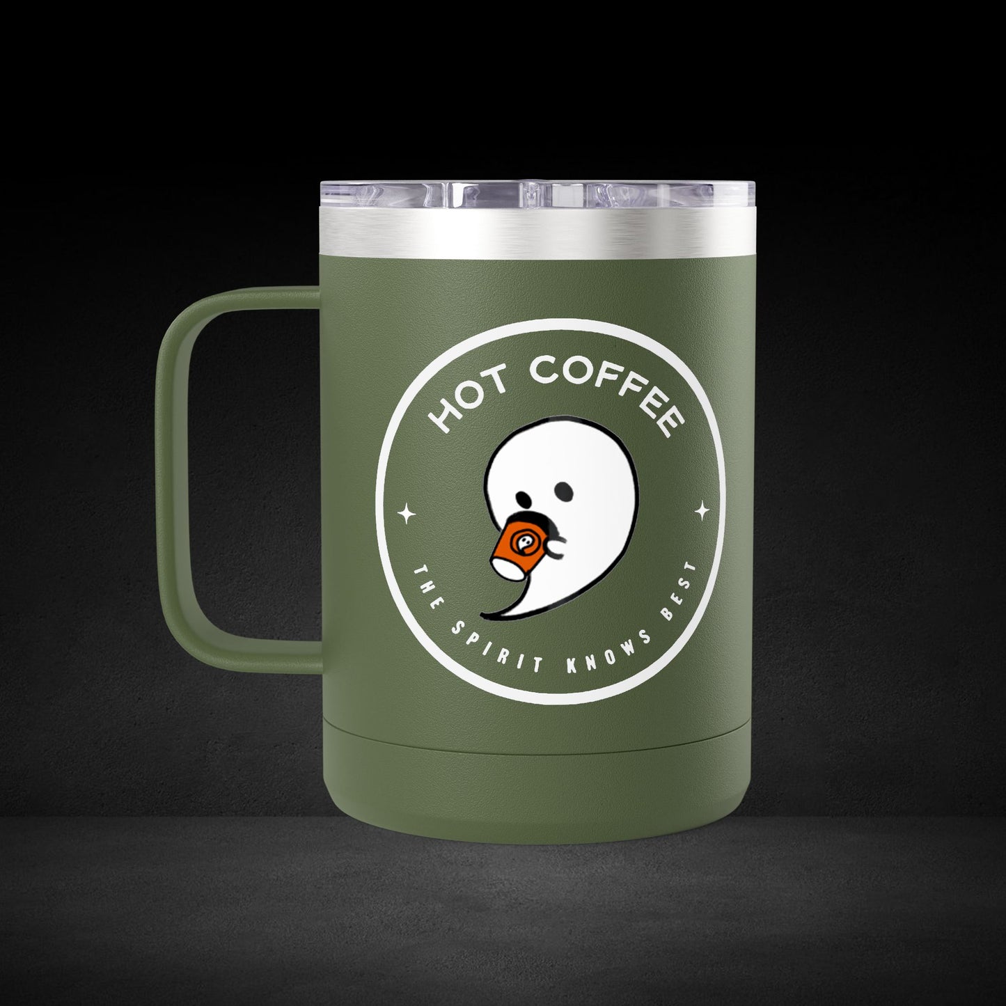 Hot Coffee The Spirit Knows Best Ghost Travel Mug - Minimalist Badge Design Coffee Cup
