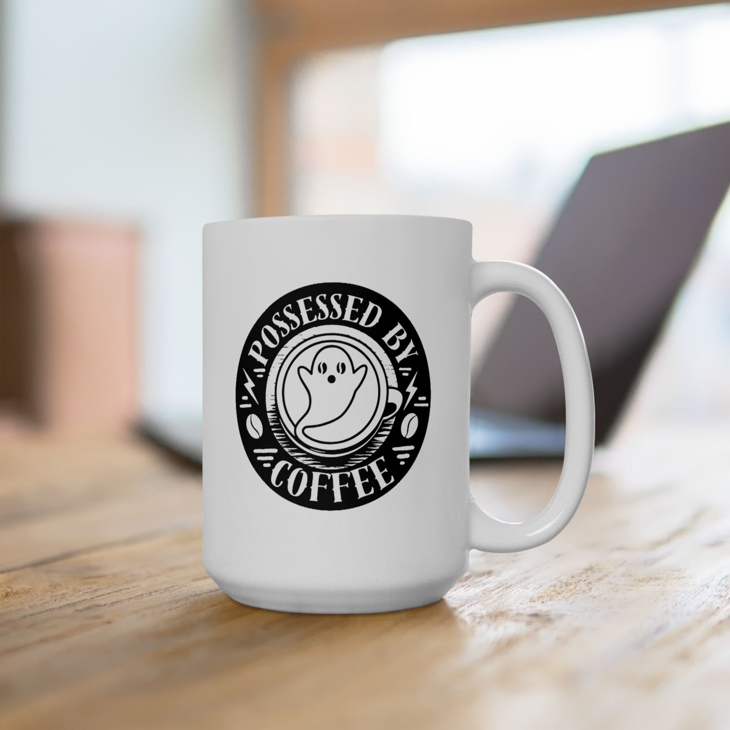 Possessed by Coffee Mug — Black on White Ceramic 11oz & 15oz