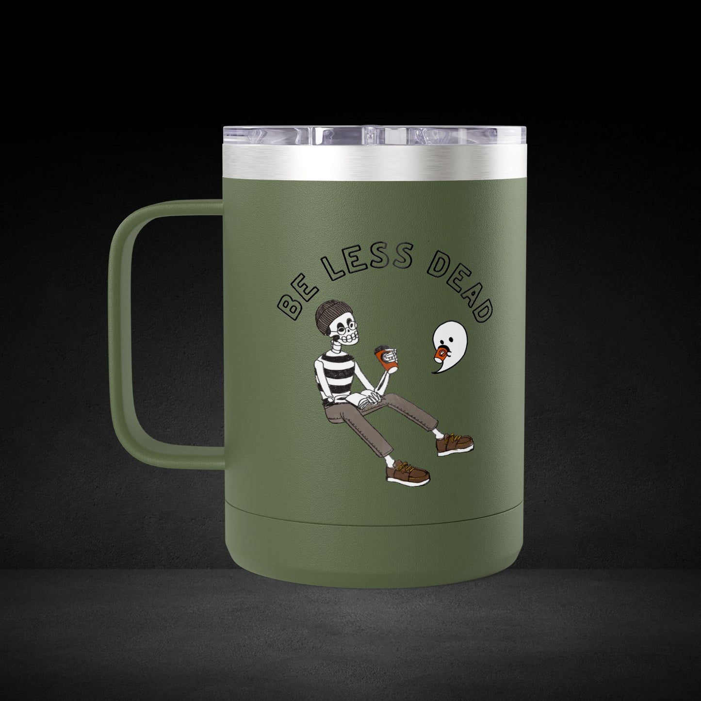 Be Less Dead Skeleton and Ghost Travel Mug - Coffee Lover Cup with Unique Illustrated Design