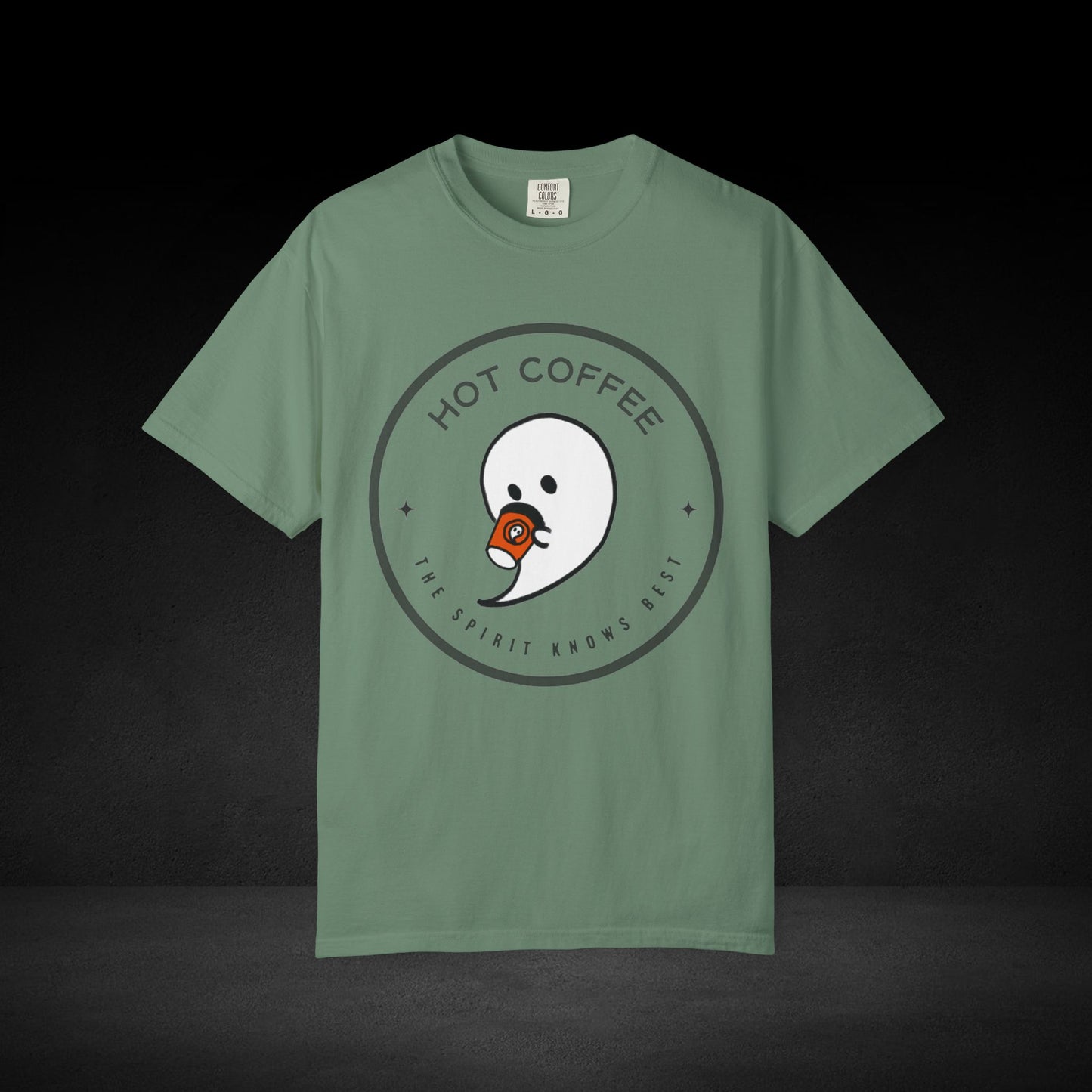 Hot Coffee Ghost Tee – “The Spirit Knows Best” Coffee Lover Graphic Shirt