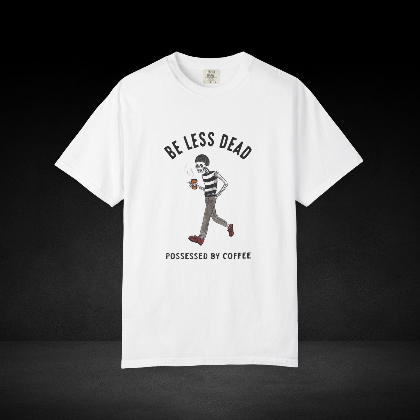 Skeleton Stroll Coffee Tee – Cool Walking Skeleton with Coffee Cup Graphic T-Shirt