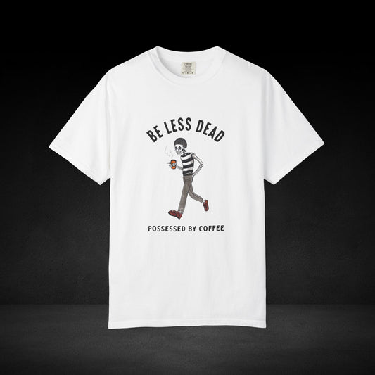 Skeleton Stroll Coffee Tee – Cool Walking Skeleton with Coffee Cup Graphic T-Shirt